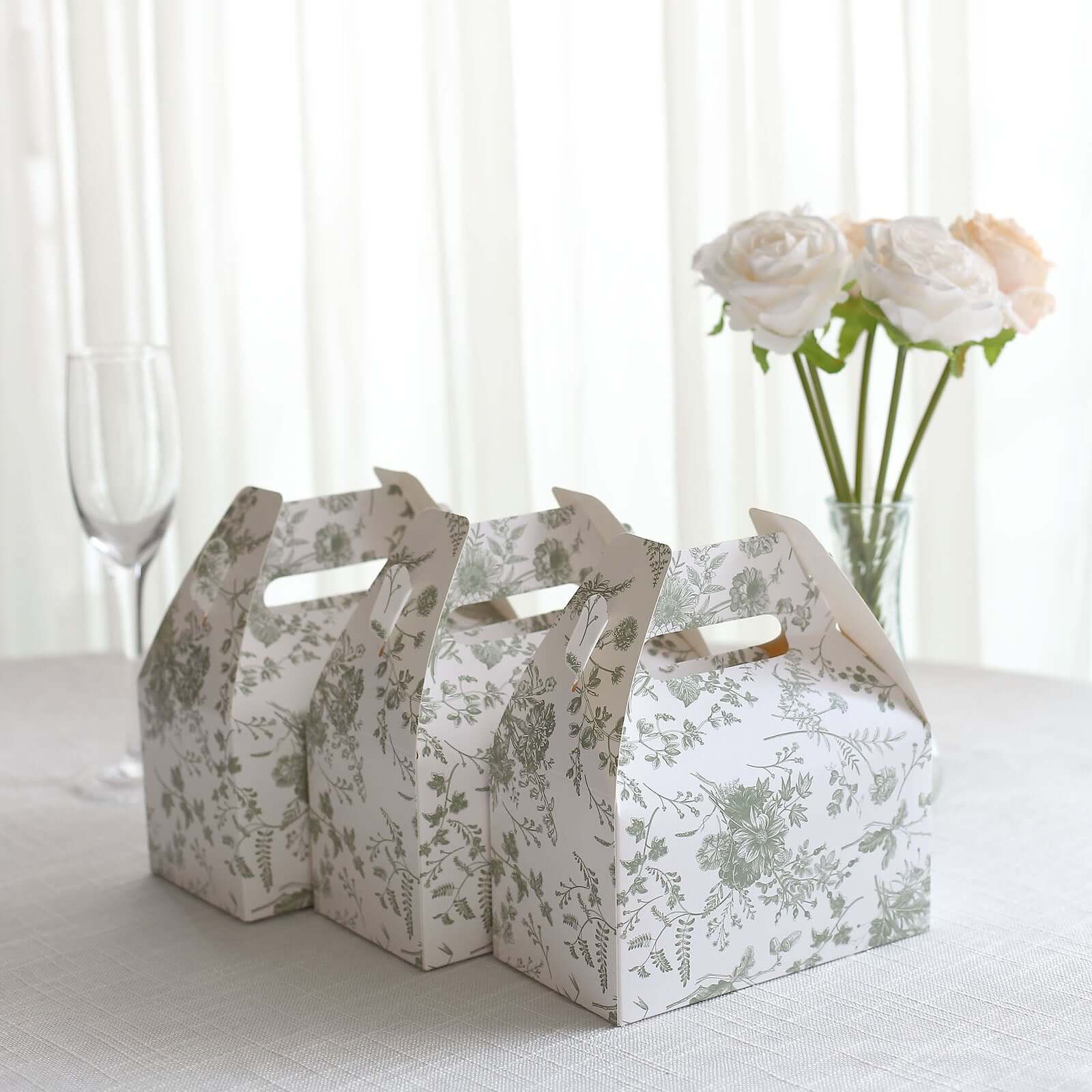 25 Pack White Sage Green Party Favor Gift Tote Gable Boxes in French Toile Pattern, Candy Treat Boxes - 6"x3.5"x7" - Image 6