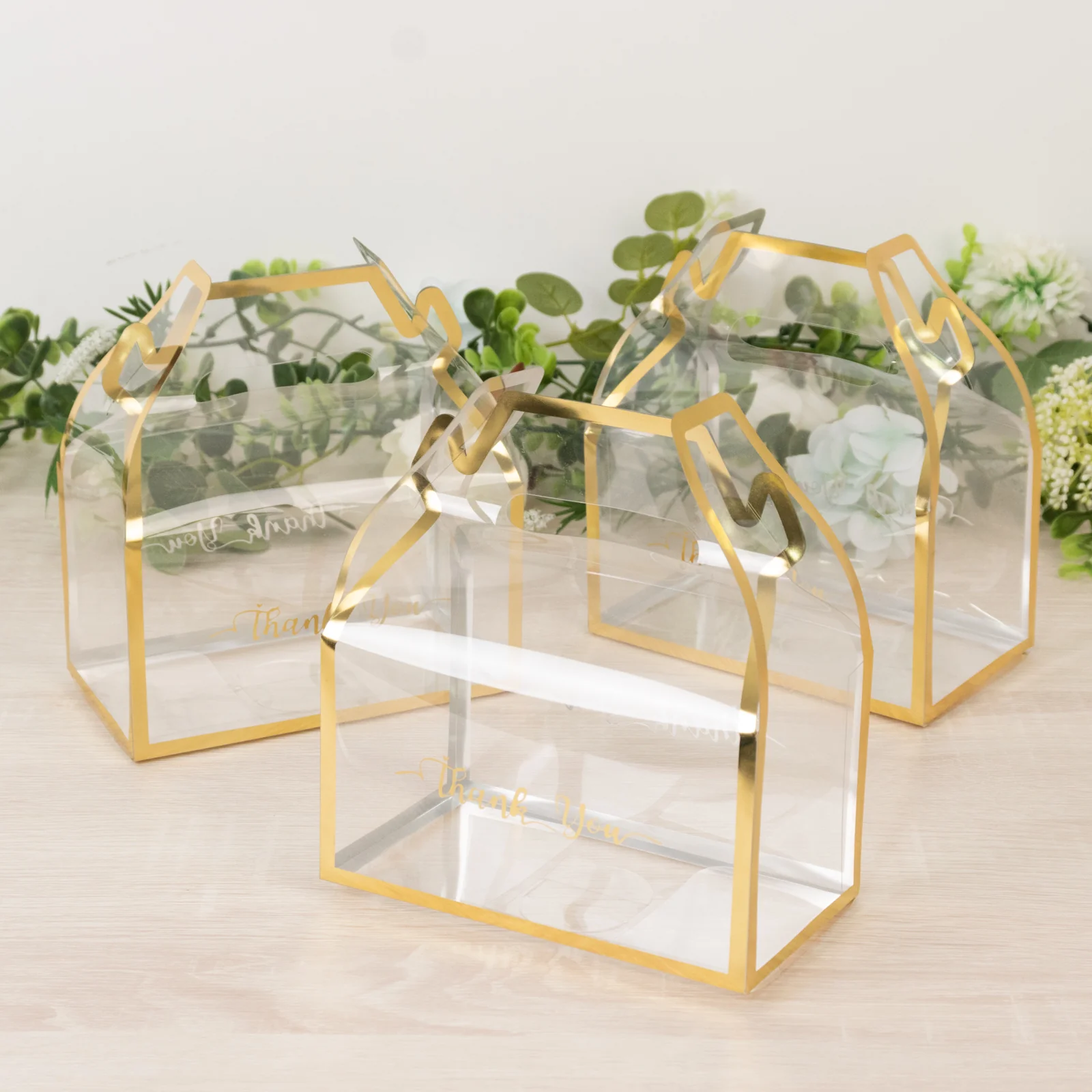 25 Pack Gold Trimmed Clear PVC Tote Gable Boxes with Thank You Print, Transparent Candy Favor Boxes for Parties & Events - 6"x3.5"x7" - Image 3