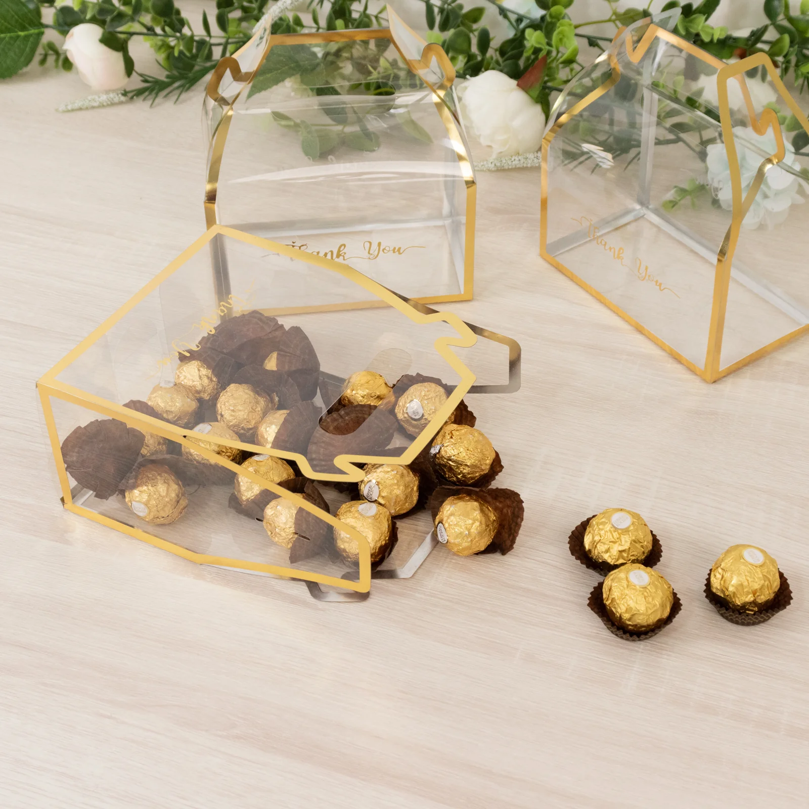25 Pack Gold Trimmed Clear PVC Tote Gable Boxes with Thank You Print, Transparent Candy Favor Boxes for Parties & Events - 6"x3.5"x7" - Image 4