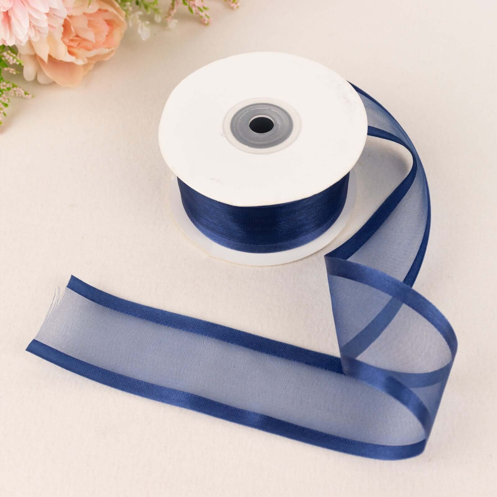 Navy Blue Sheer Organza Ribbon With Satin Edges 25 Yards 1.5"
