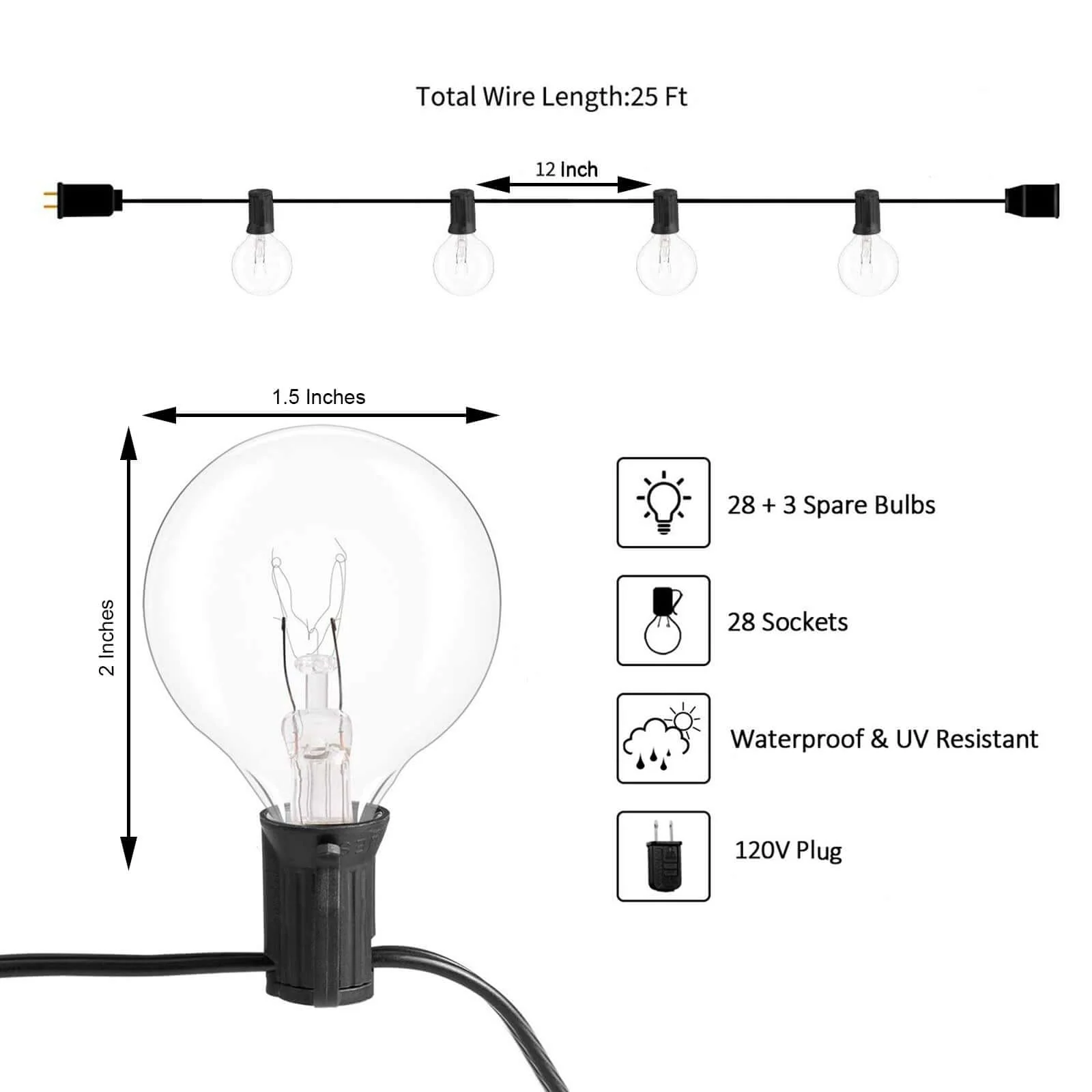 Warm White Connectable Hanging Outdoor or Indoor String Lights, Waterproof 120V With 28 Incandescent Glass Light Bulbs 25ft - Image 6