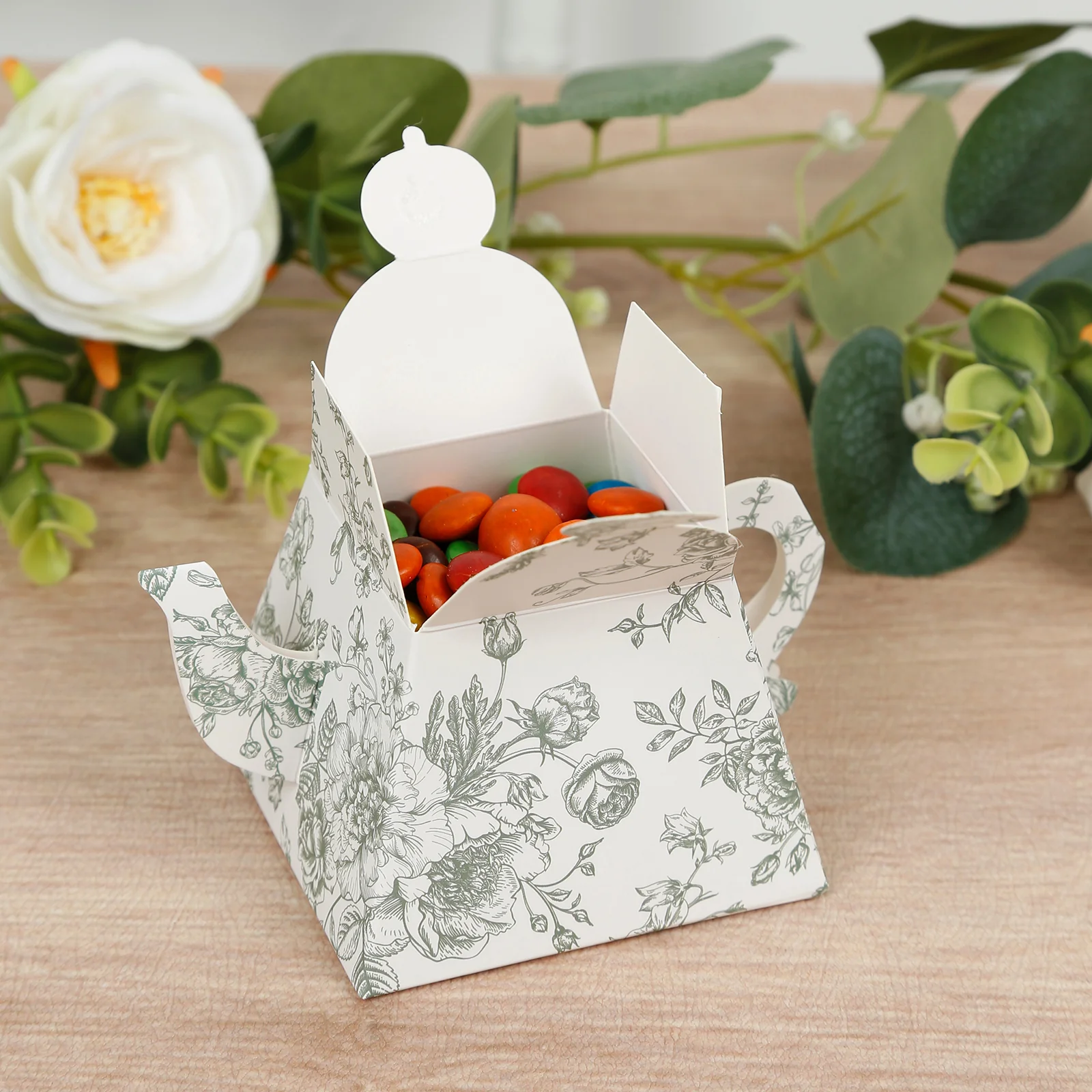 25 Pack Mini Teapot Gift Boxes – 5"x4" White Sage Green French Toile Design Tea Party Favor Boxes - Image 4