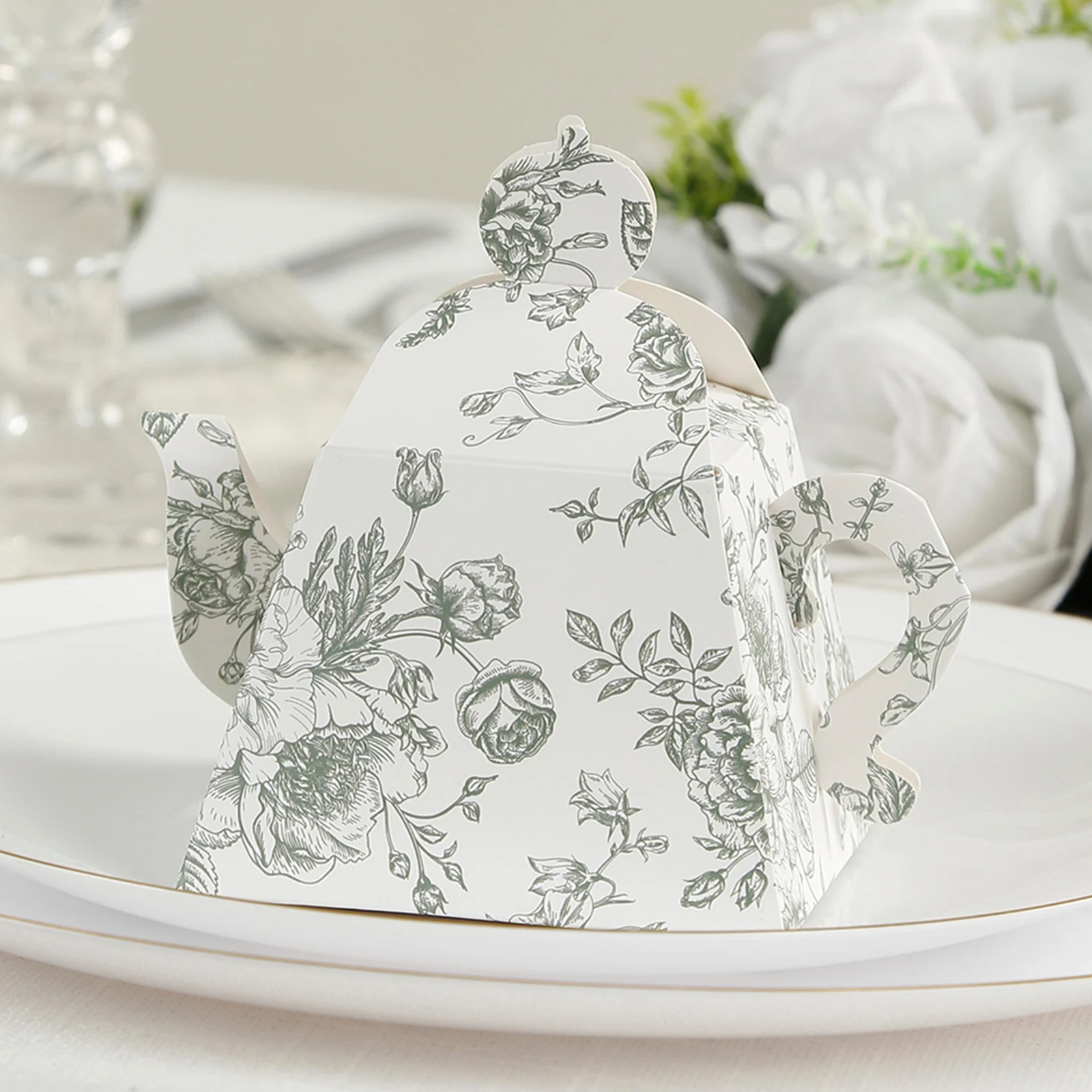 25 Pack Mini Teapot Gift Boxes – 5"x4" White Sage Green French Toile Design Tea Party Favor Boxes - Image 7