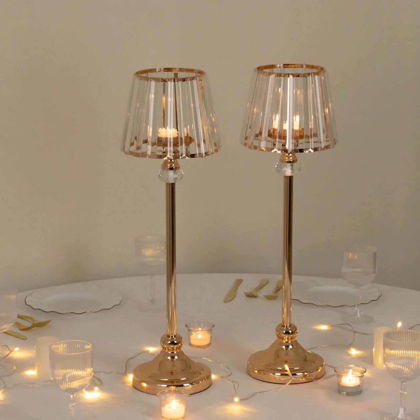 2-Pack Gold Crystal Pendant Candle Holders 25" Classic Empire Lamp Shade Style, Votive Candle Stand for Table Centerpieces