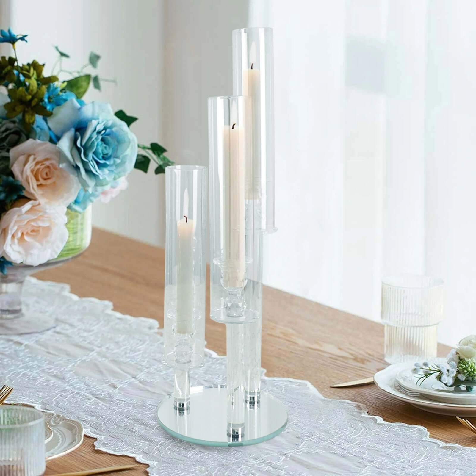3-Arm Crystal Glass Candelabra Round Taper Design 23" Clear - Sleek Candle Holder for Pillar Candles & Wedding Centerpieces - Image 2