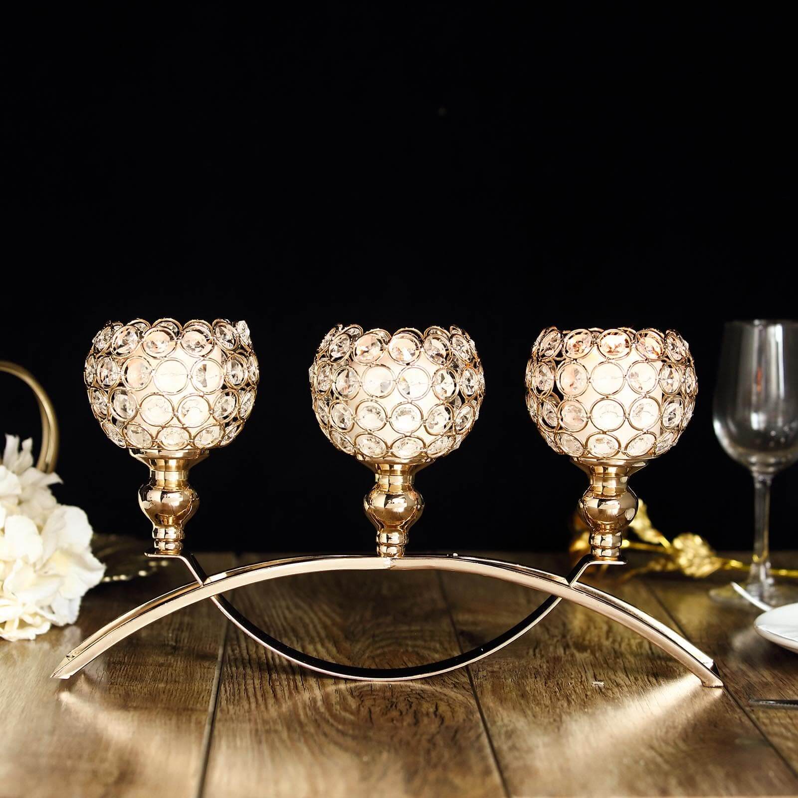 3-Arm Gold Crystal Beaded Arch Bridge Candelabra 16" - Stylish Table Centerpiece for Upscale Events - Image 2