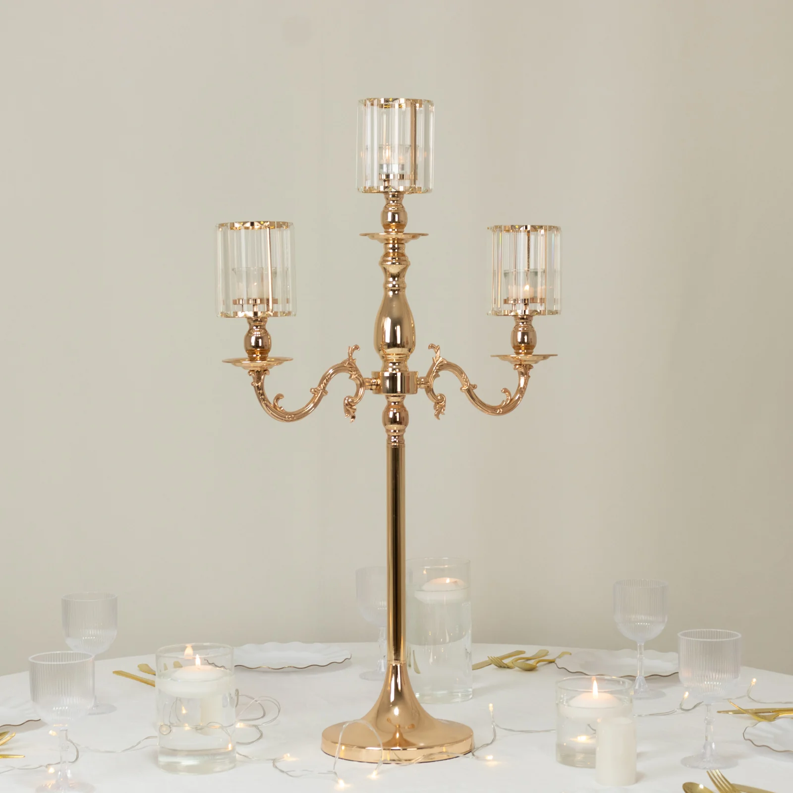 3-Arm Gold Metal Candelabra with Crystal Pendant Glass Shades – 34" Tall Candle Holder for Pillar, LED, and Flameless Candles