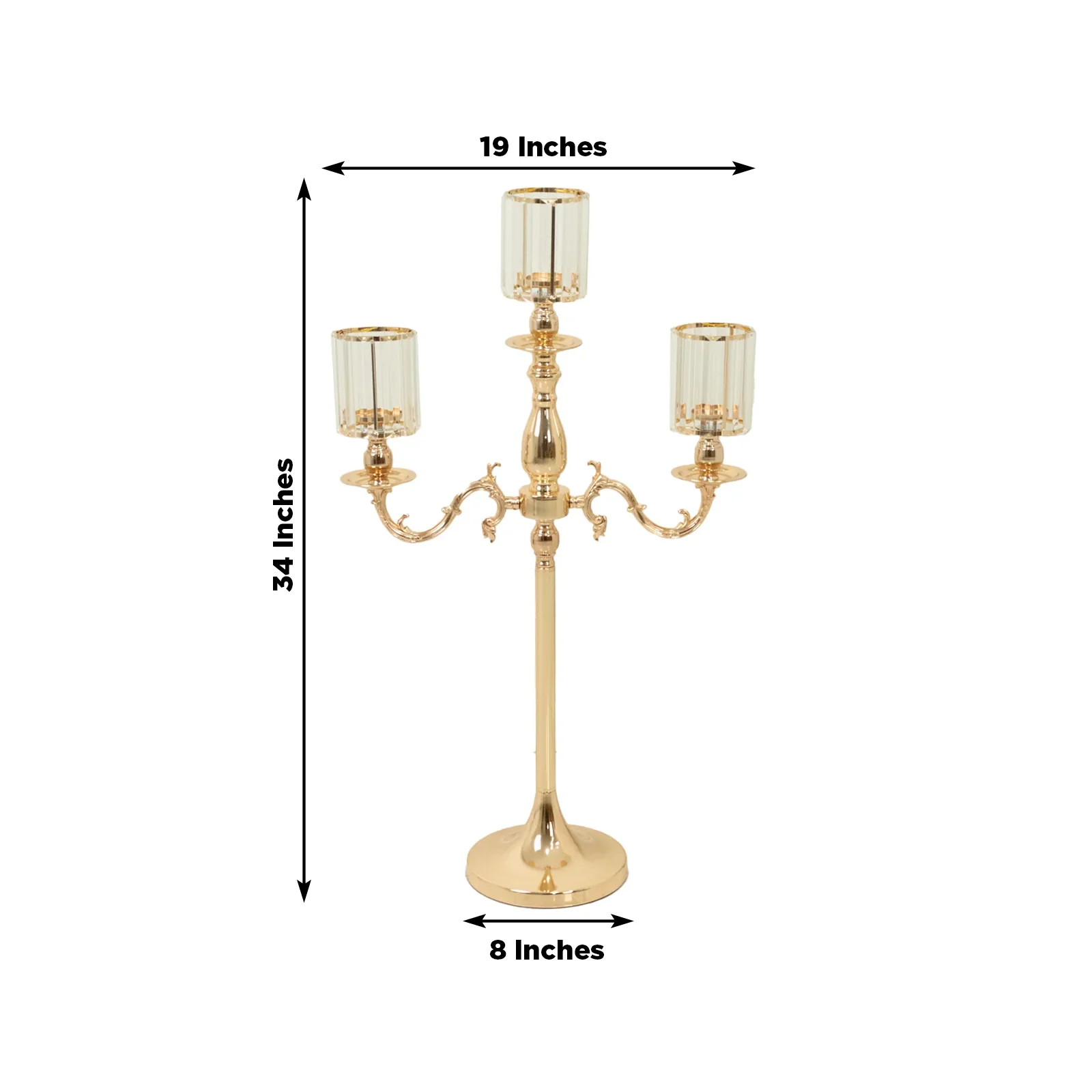 3-Arm Gold Metal Candelabra with Crystal Pendant Glass Shades – 34" Tall Candle Holder for Pillar, LED, and Flameless Candles - Image 2