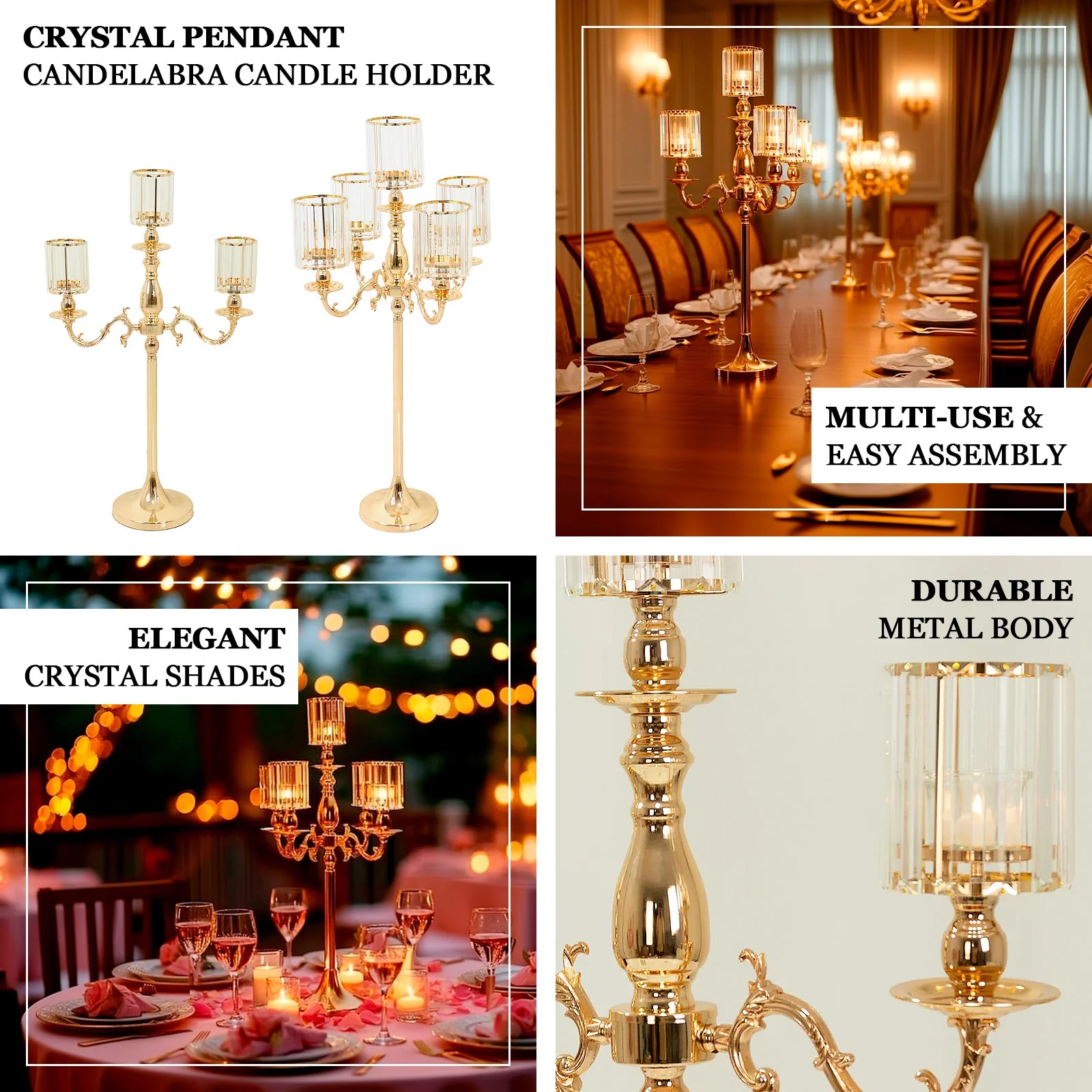 3-Arm Gold Metal Candelabra with Crystal Pendant Glass Shades – 34" Tall Candle Holder for Pillar, LED, and Flameless Candles - Image 3