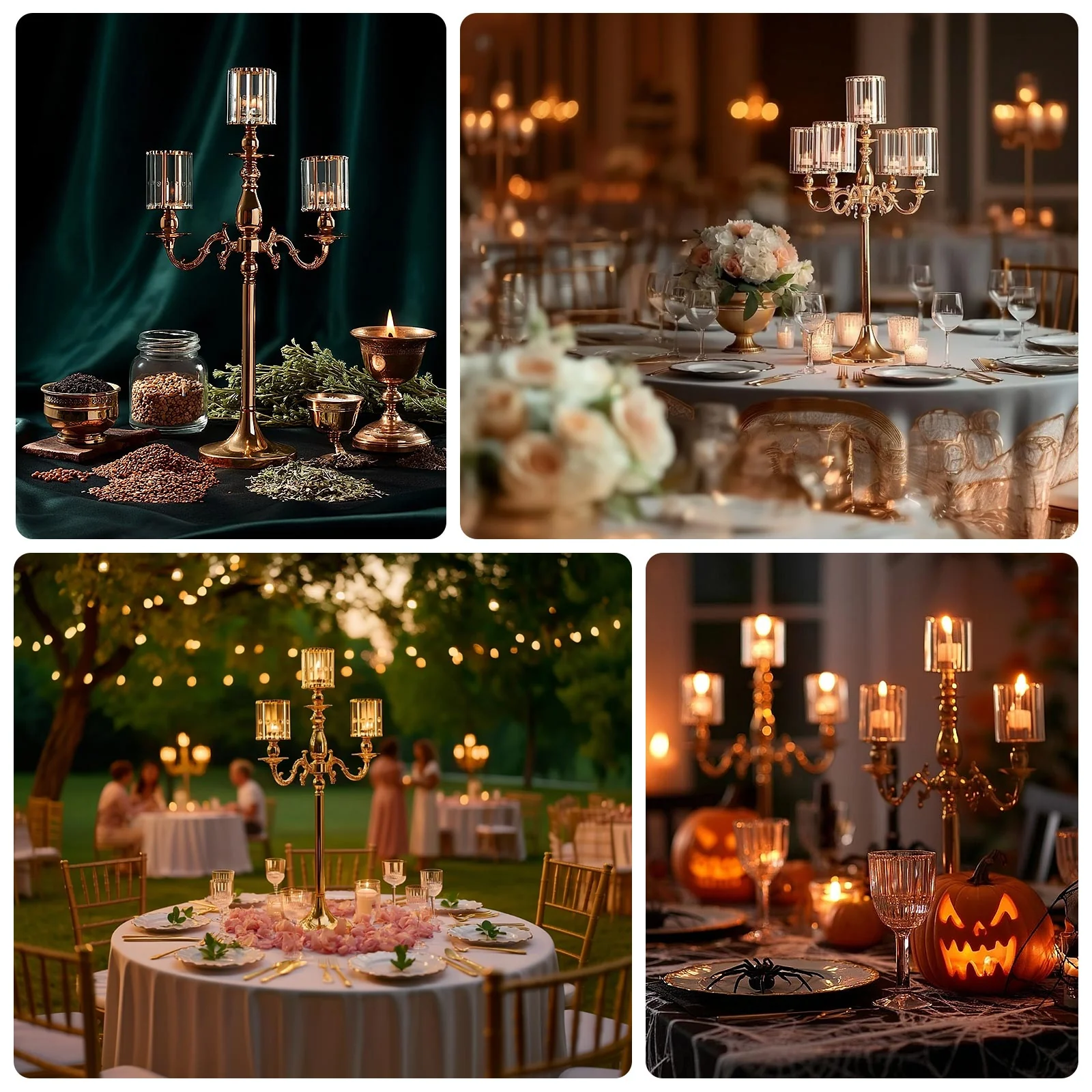 3-Arm Gold Metal Candelabra with Crystal Pendant Glass Shades – 34" Tall Candle Holder for Pillar, LED, and Flameless Candles - Image 4