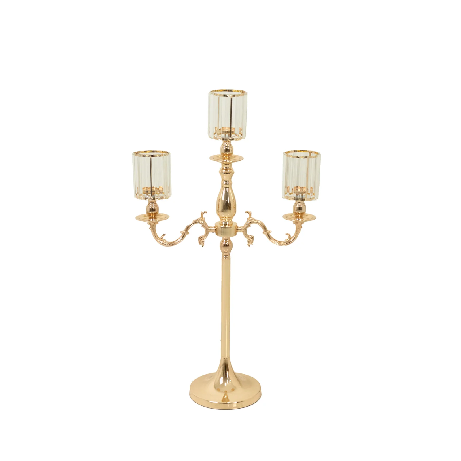 3-Arm Gold Metal Candelabra with Crystal Pendant Glass Shades – 34" Tall Candle Holder for Pillar, LED, and Flameless Candles - Image 6