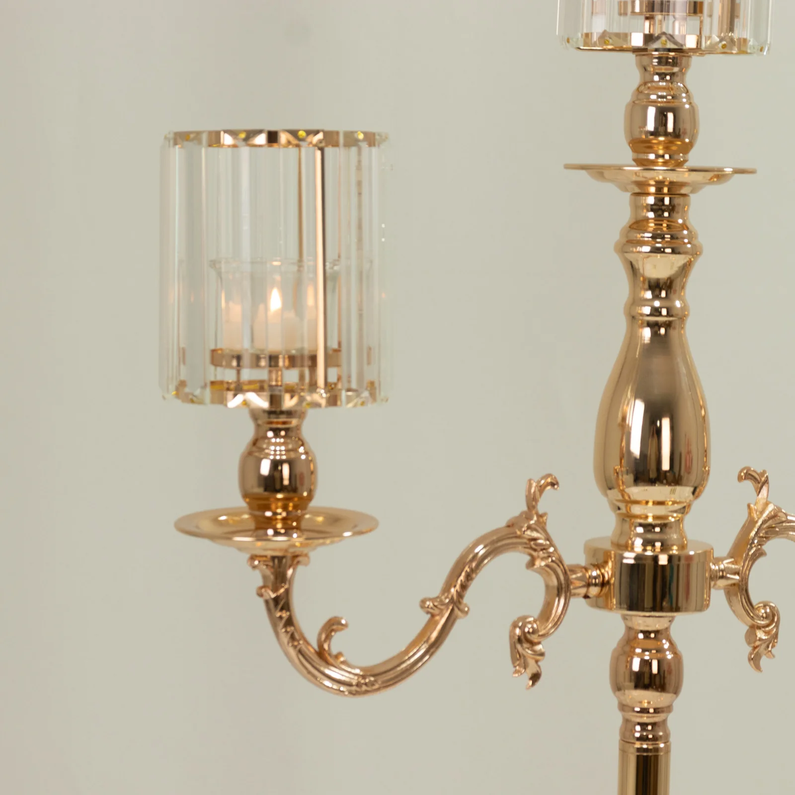 3-Arm Gold Metal Candelabra with Crystal Pendant Glass Shades – 34" Tall Candle Holder for Pillar, LED, and Flameless Candles - Image 7