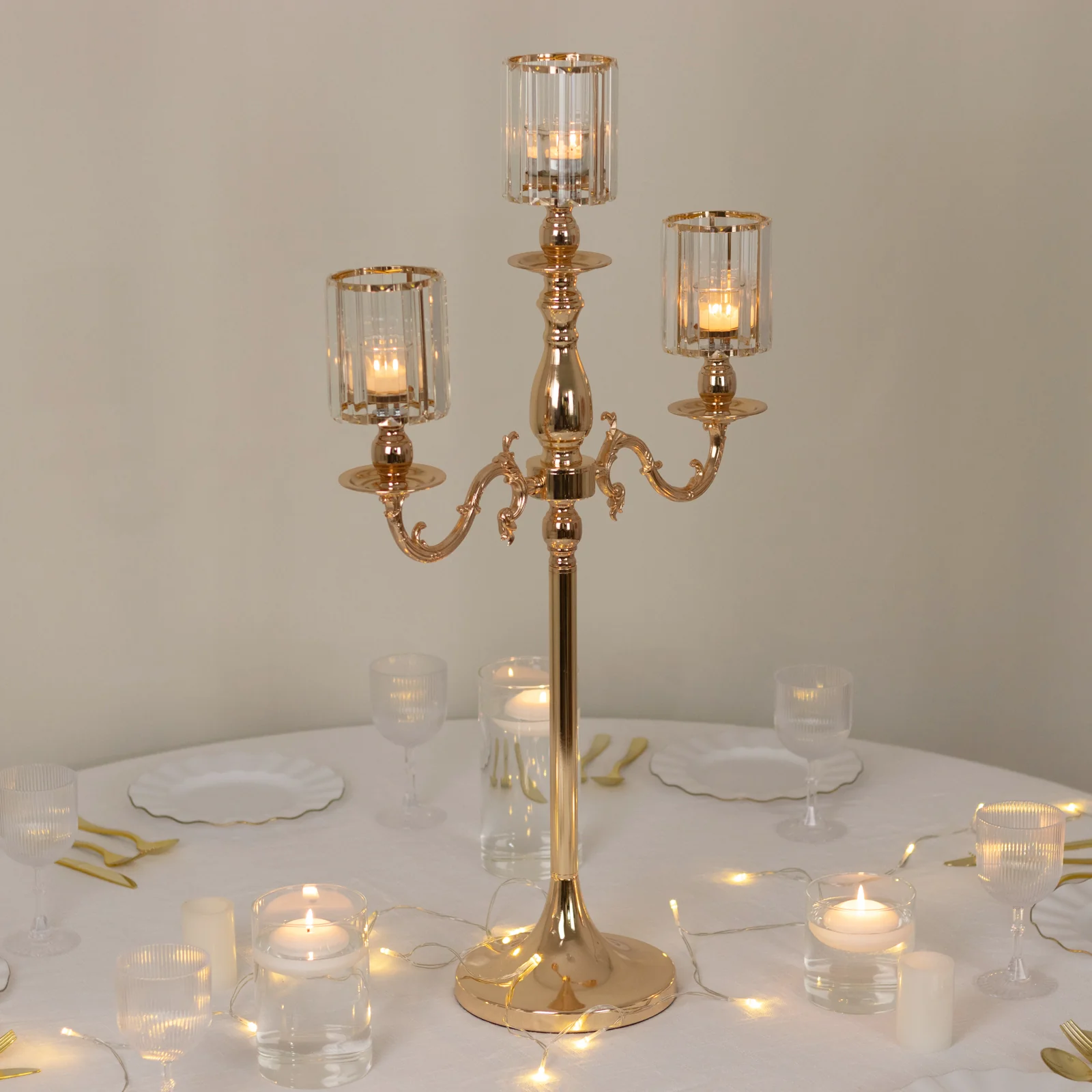3-Arm Gold Metal Candelabra with Crystal Pendant Glass Shades – 34" Tall Candle Holder for Pillar, LED, and Flameless Candles - Image 8