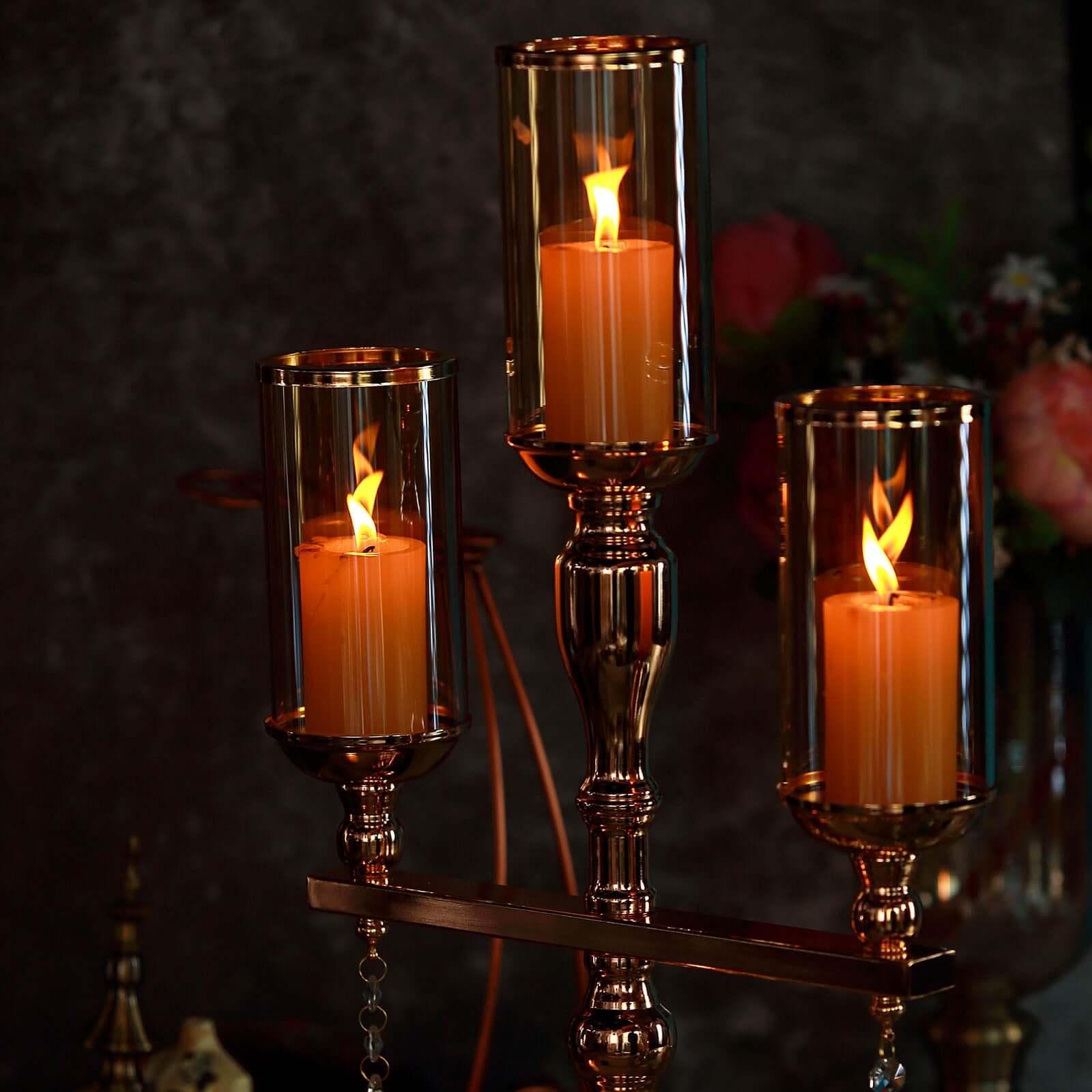 3-Arm Gold Metal Candelabra with Amber Glass Shades - Sophisticated Table Centerpiece for Events - Image 2
