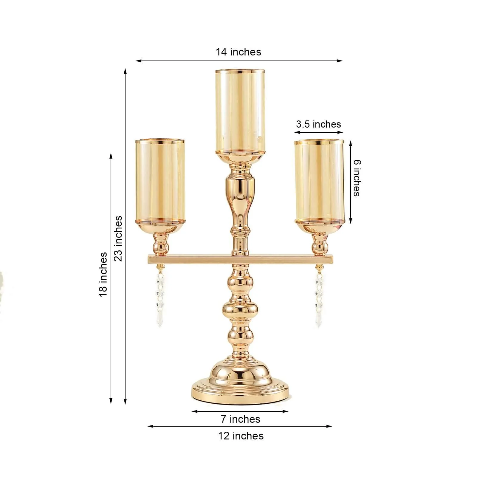 3-Arm Gold Metal Candelabra with Amber Glass Shades - Sophisticated Table Centerpiece for Events - Image 3