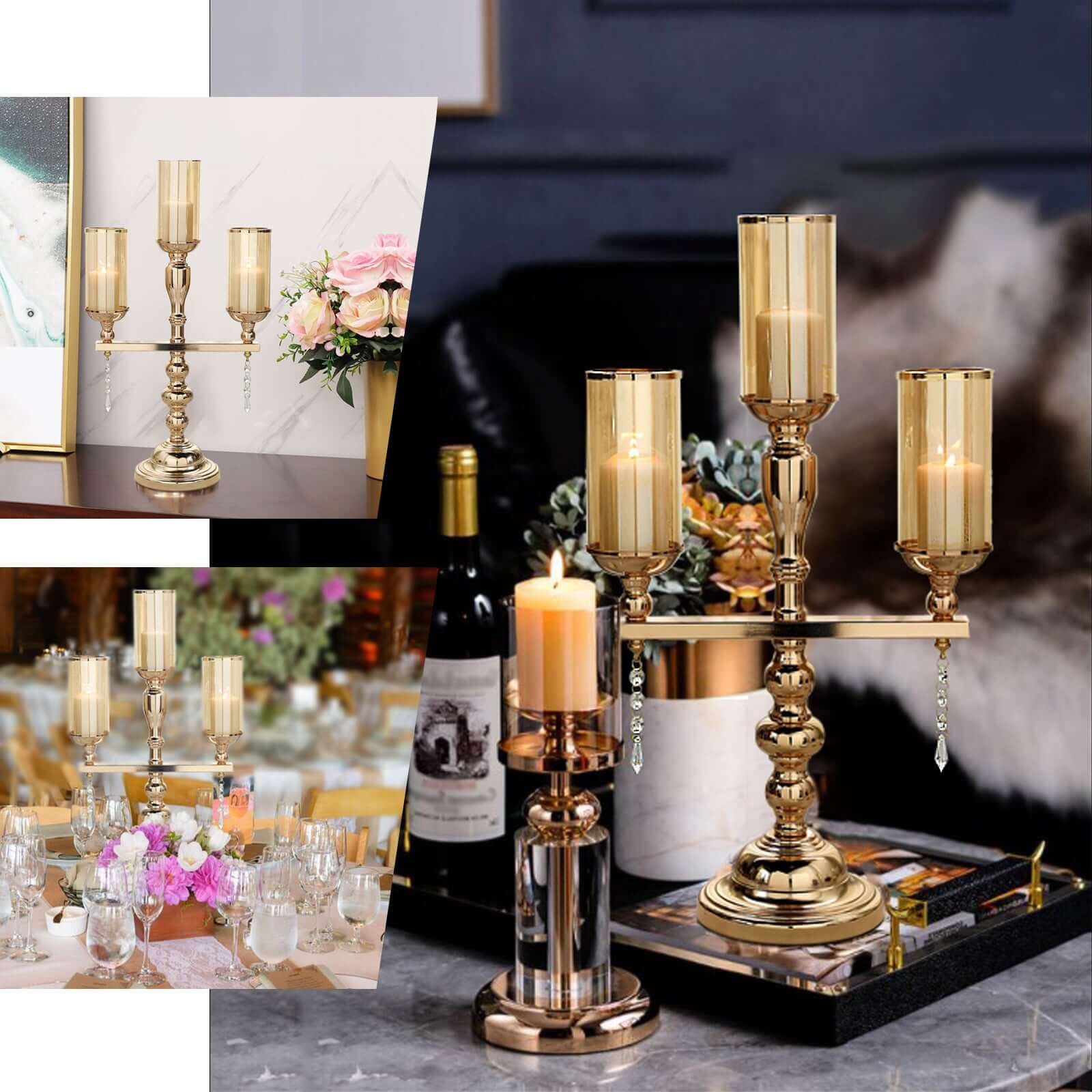 3-Arm Gold Metal Candelabra with Amber Glass Shades - Sophisticated Table Centerpiece for Events - Image 5
