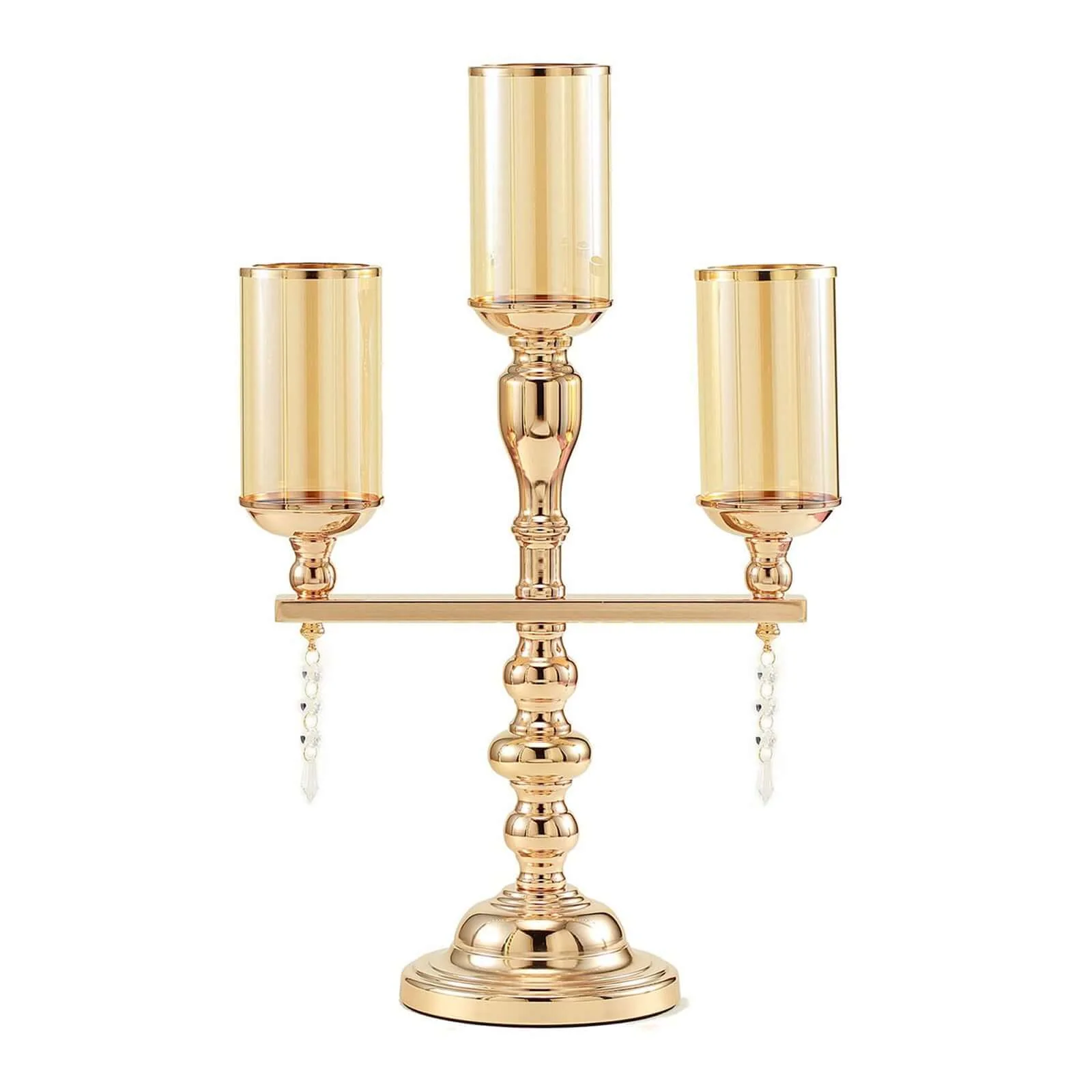 3-Arm Gold Metal Candelabra with Amber Glass Shades - Sophisticated Table Centerpiece for Events - Image 6