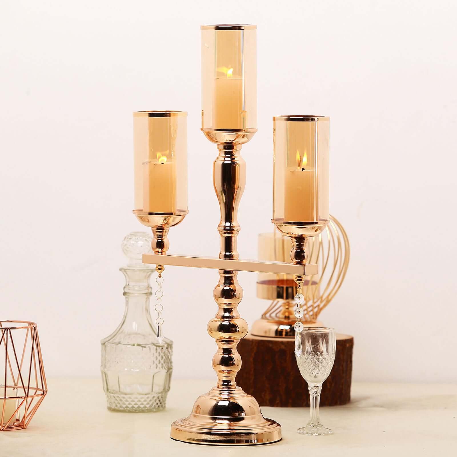 3-Arm Gold Metal Candelabra with Amber Glass Shades - Sophisticated Table Centerpiece for Events - Image 7