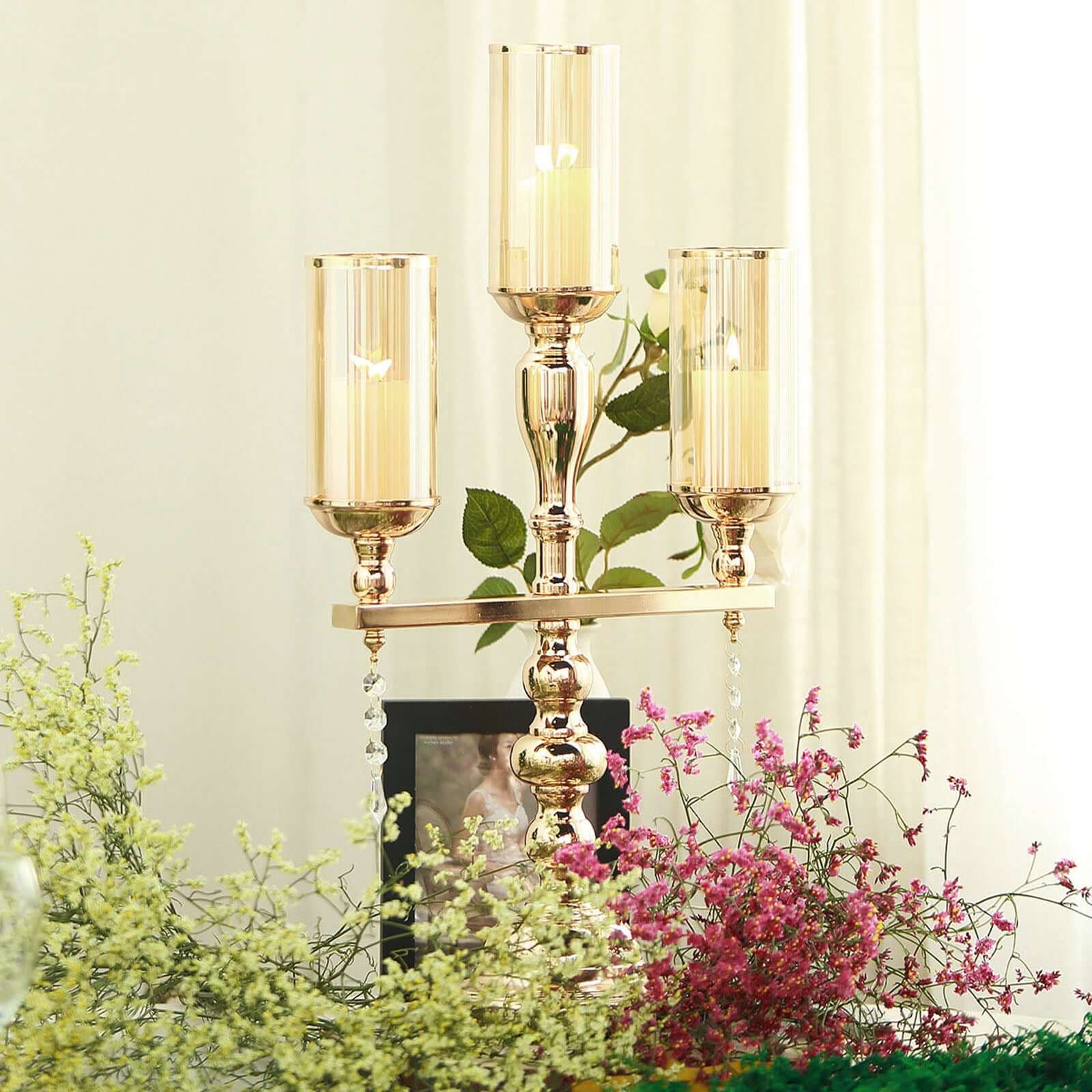 3-Arm Gold Metal Candelabra with Amber Glass Shades - Sophisticated Table Centerpiece for Events - Image 8