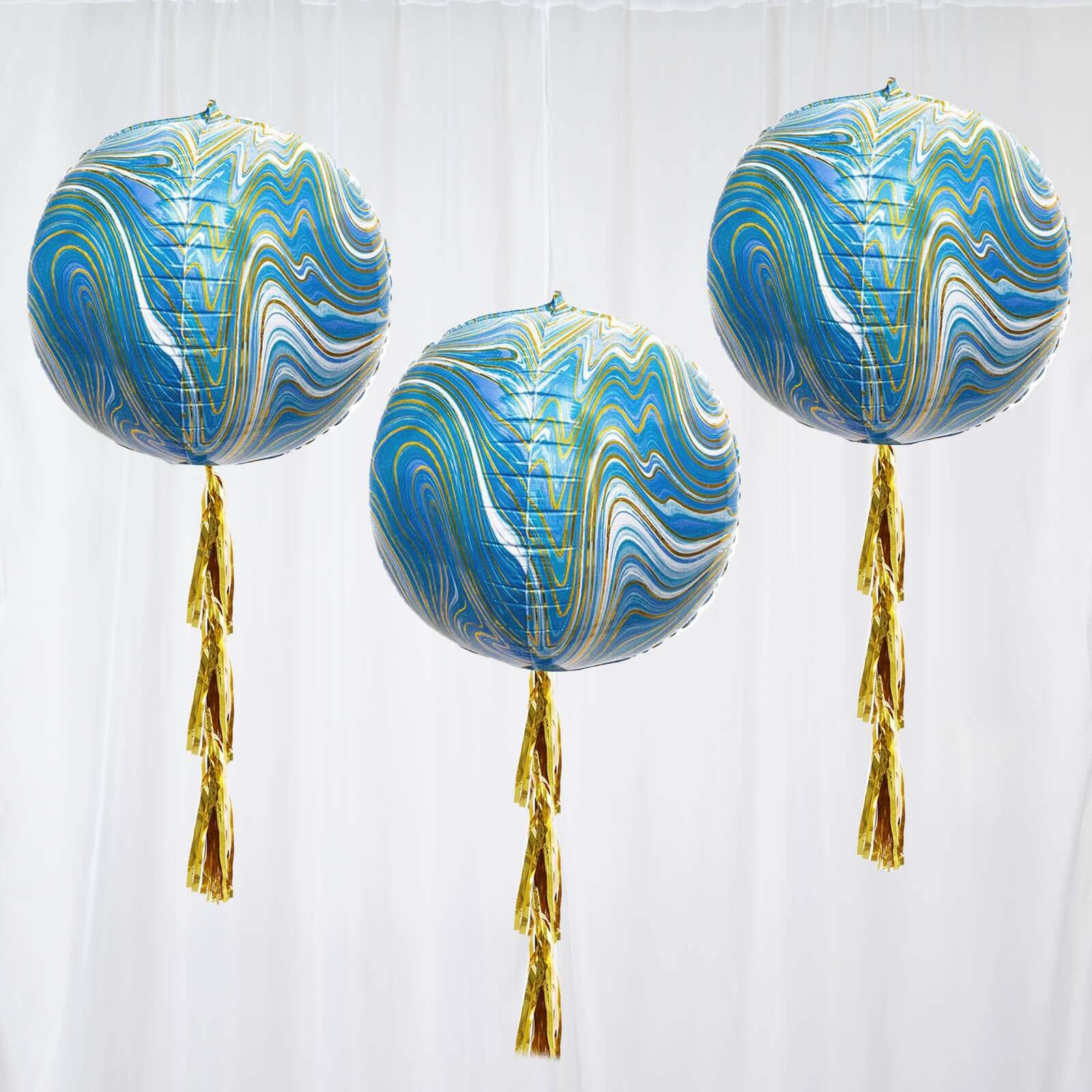 3 Pack Blue/Gold Marble Sphere Foil Helium or Air Balloons 13" 4D
