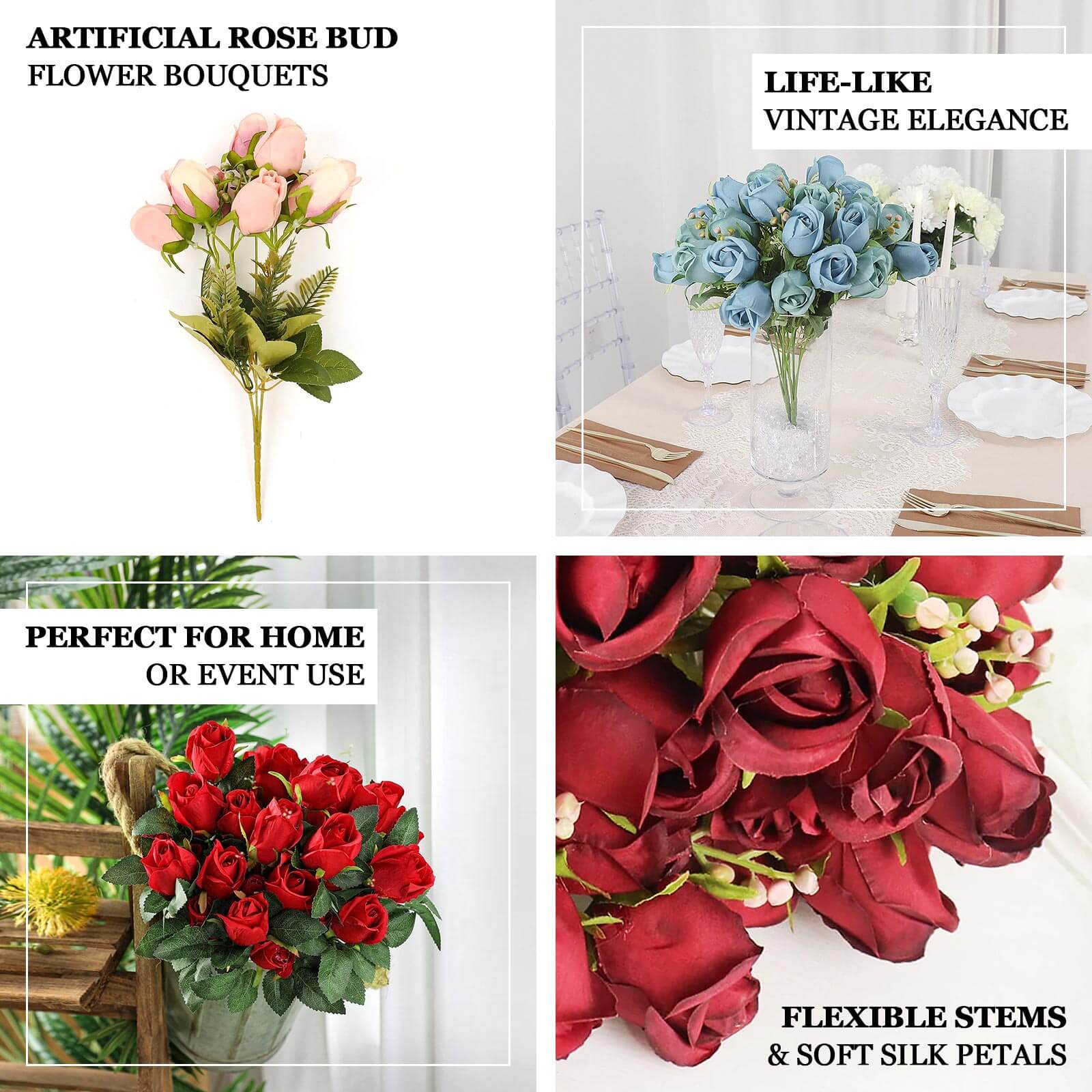3 Pack Burgundy Real Touch Artificial Rose Bud Flower Bridal Bouquets, Silk Floral Bush Arrangements 13" - Image 4