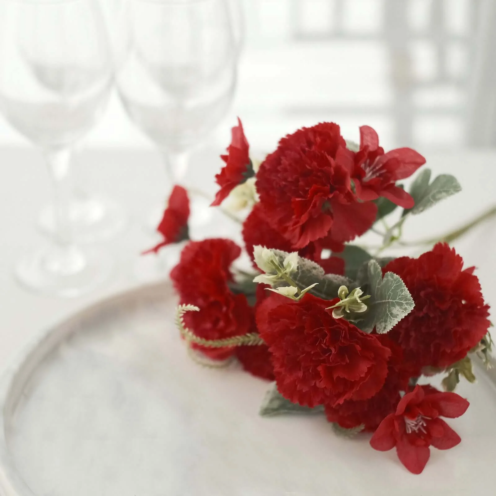 3 Pack Red Artificial Silk Carnation Flower Bouquets, Faux Floral Arrangement Bushes 14" - Image 5