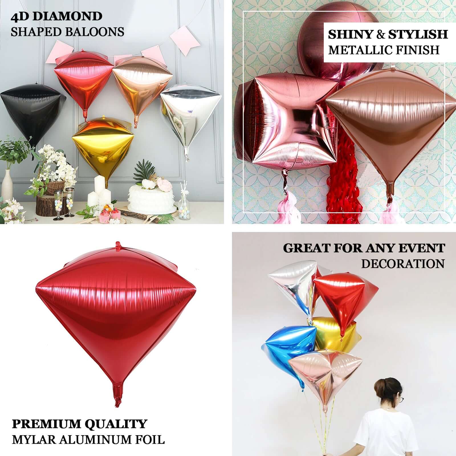 3 Pack Rose Gold 4D Diamond Self-Sealing Reusable Foil Balloon 16" - Image 4