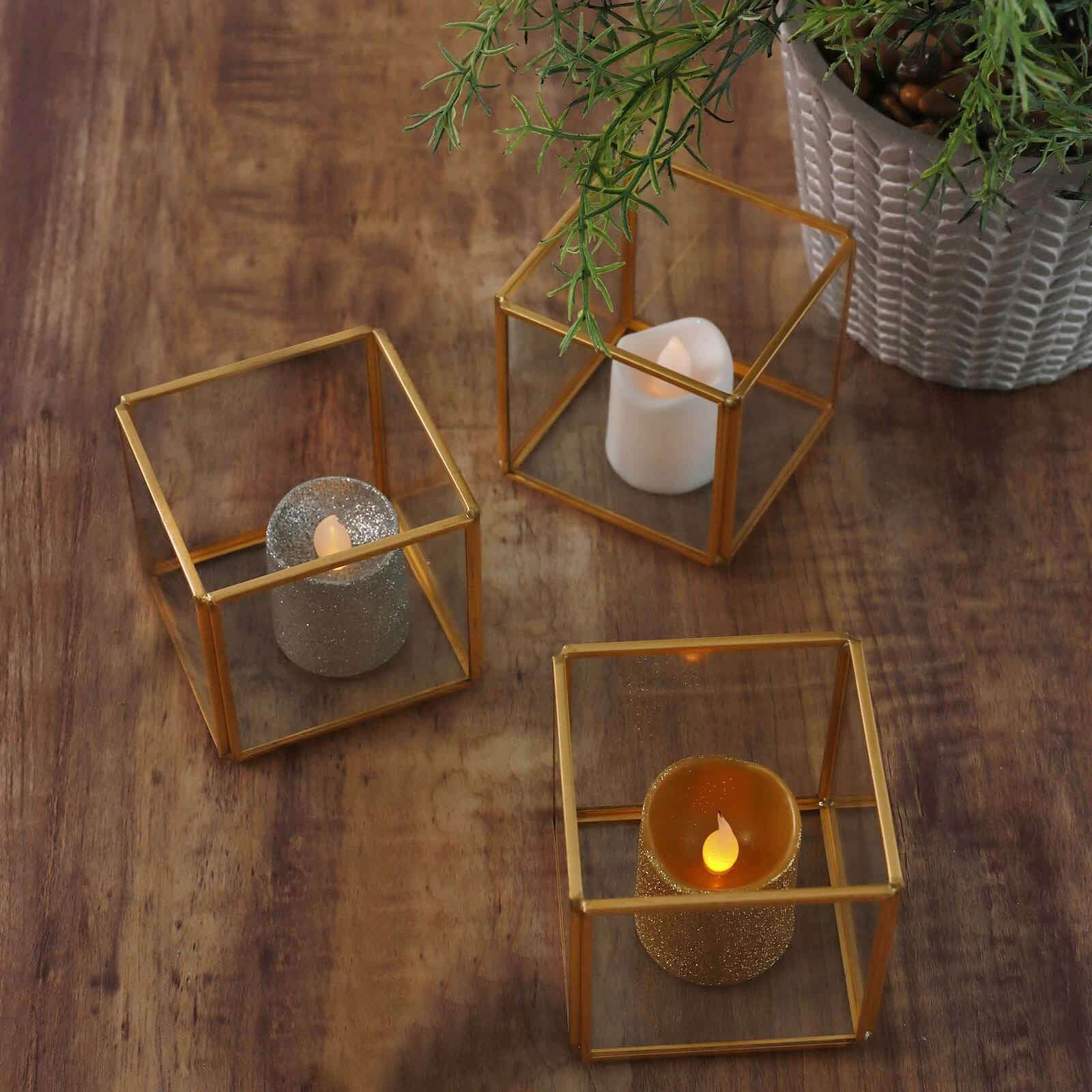 3-Pack Glass Tealight Votive Candle Holders 3" Square Cube Design Clear with Gold Metal Frame - Stackable - Image 2