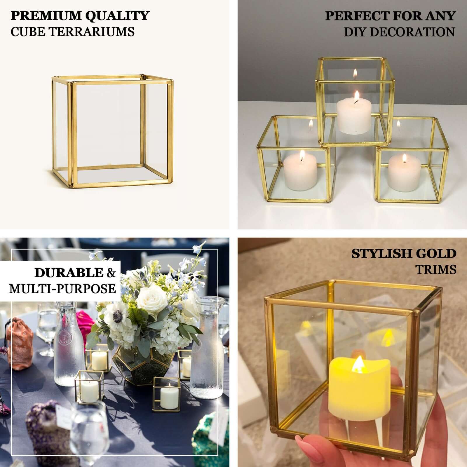 3-Pack Glass Tealight Votive Candle Holders 3" Square Cube Design Clear with Gold Metal Frame - Stackable - Image 4