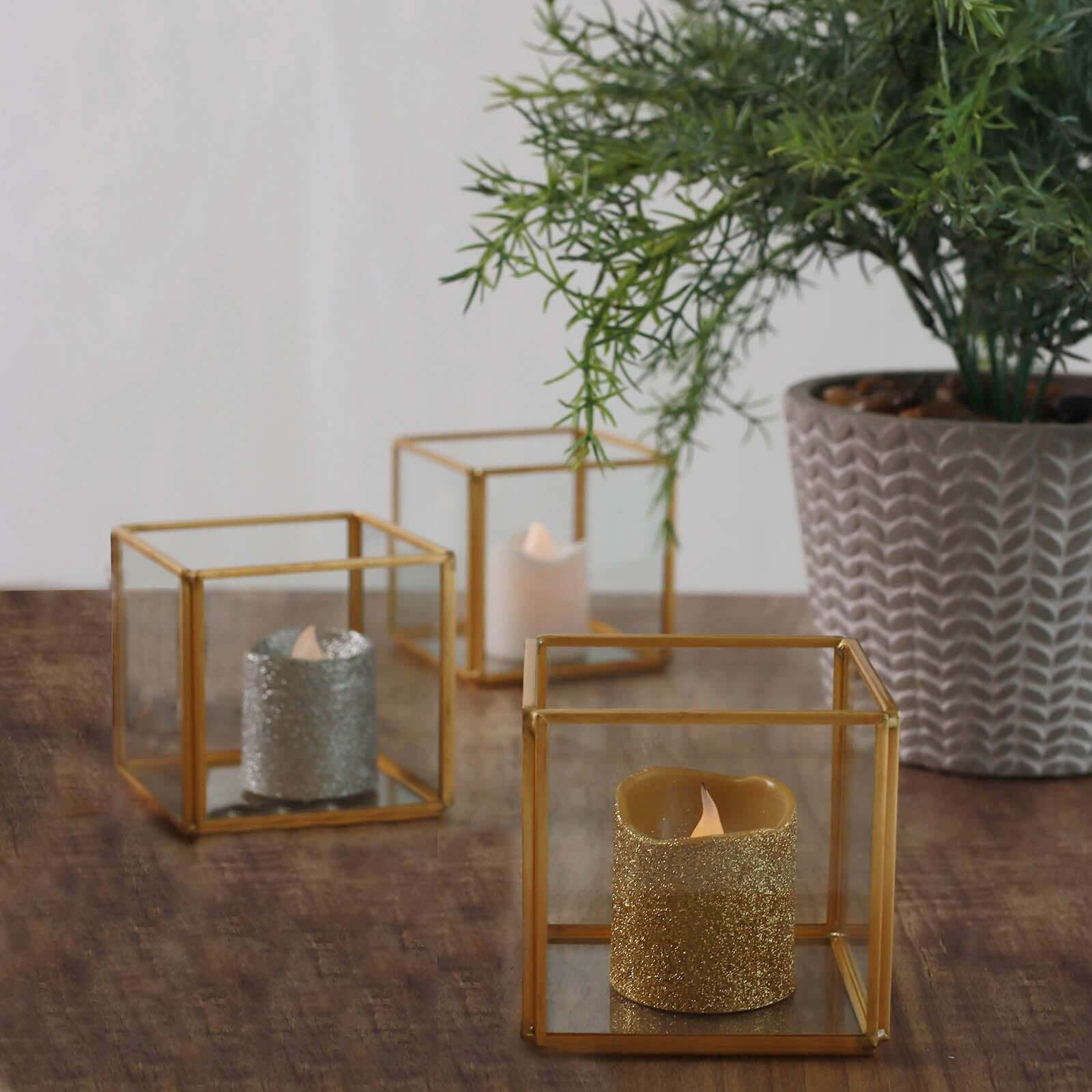 3-Pack Glass Tealight Votive Candle Holders 3" Square Cube Design Clear with Gold Metal Frame - Stackable - Image 7