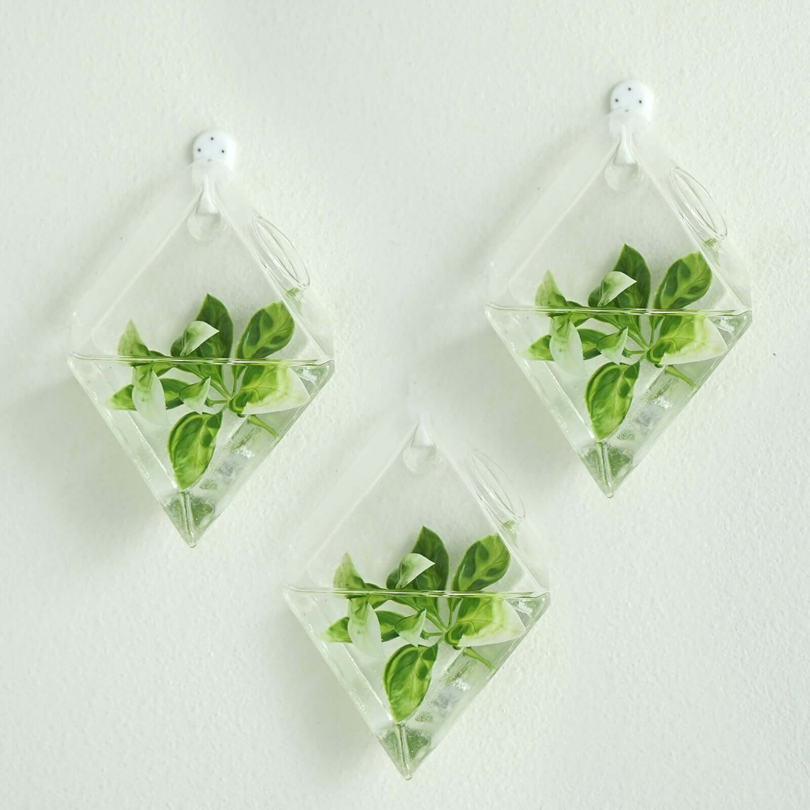3-Pack Glass Wall Vase Rhombus Design Hanging Indoor Planters - Stylish Wall Mounted Terrariums for Home Decor - Image 8