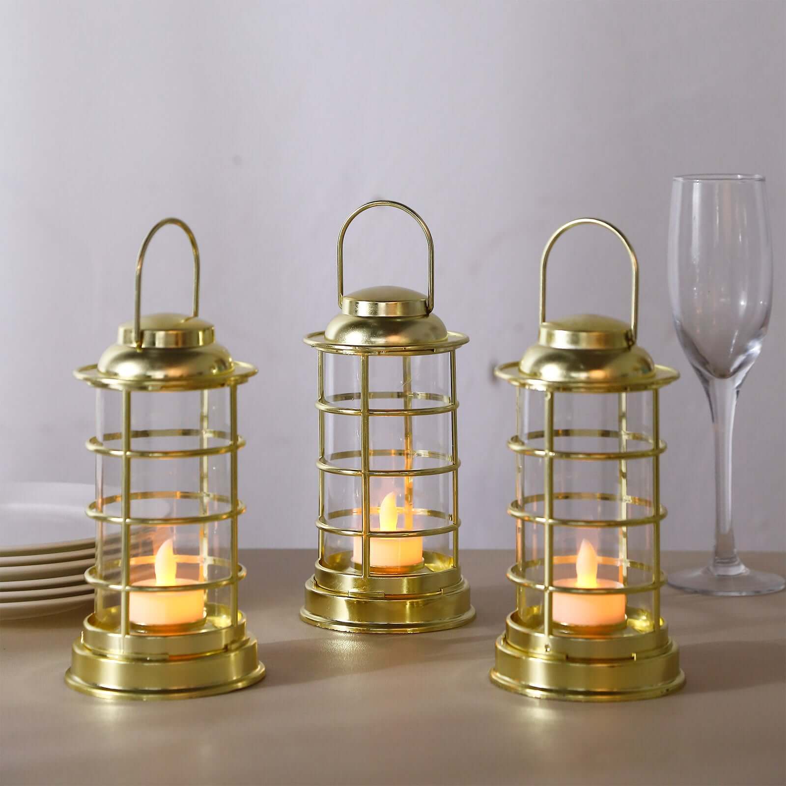3-Pack LED Mini Lantern Lamps Gold 7" - Battery Operated Decorative Tealight Candles - Image 4