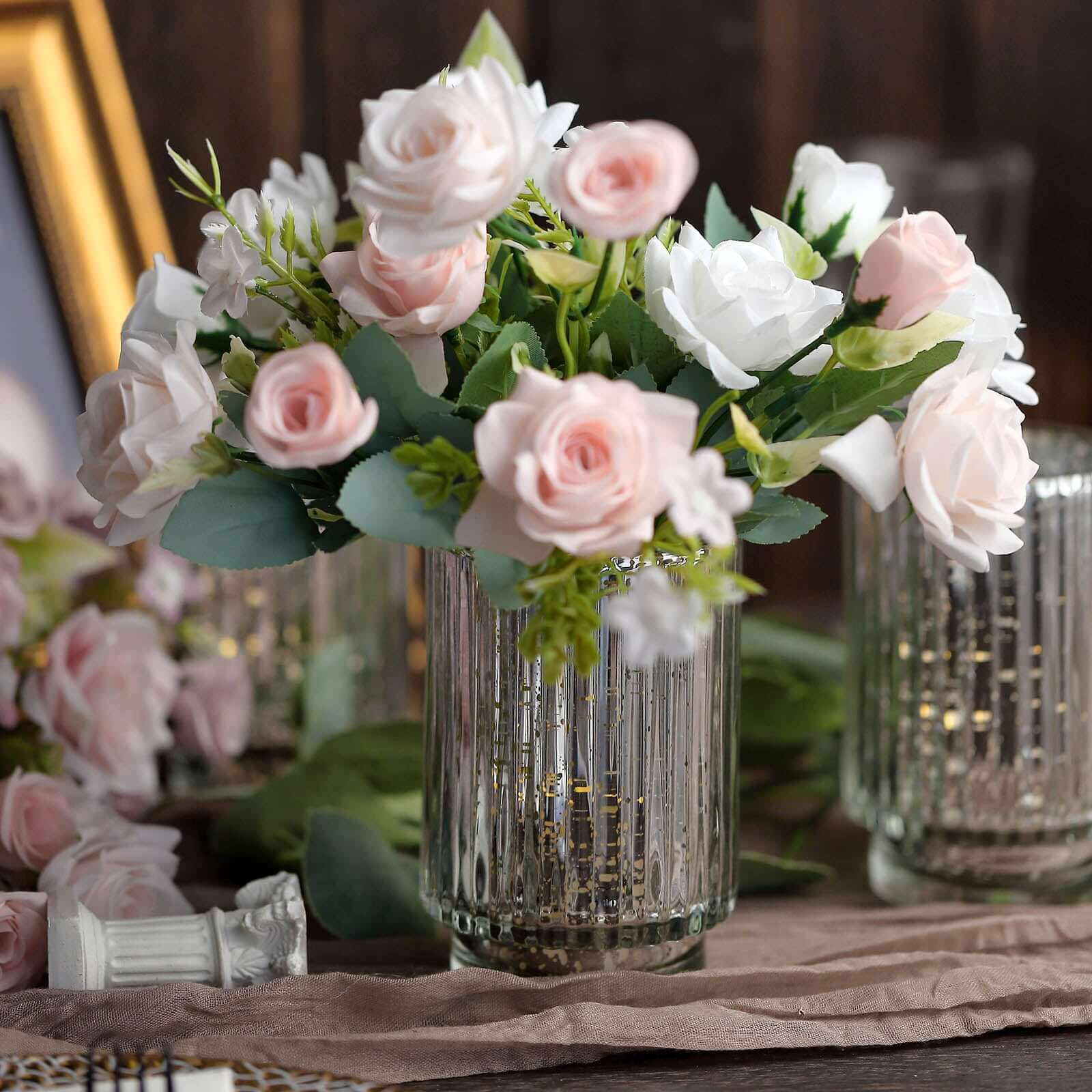 3-Pack Mercury Glass Hurricane Candle Holders 5" Silver Wavy Column Design - Votive Pillar Vase - Image 6