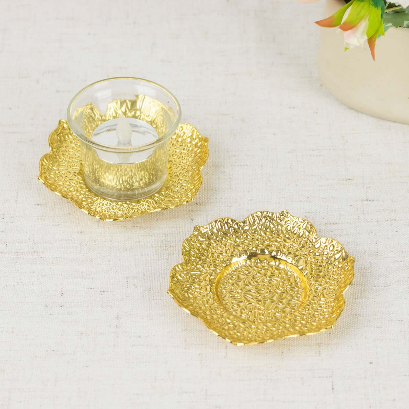 3-Pack Metal Votive Candle Holders 4" Plum Blossom Design Shiny Gold - Vintage Mini Tea Cup Saucers
