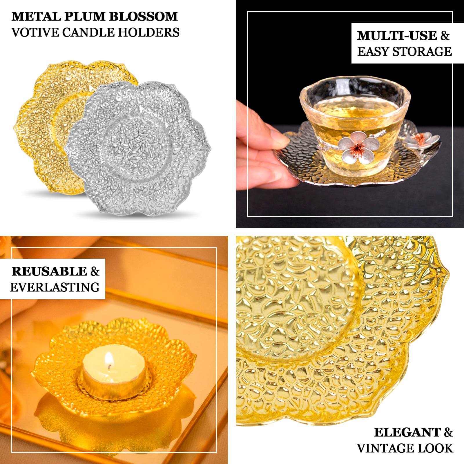3-Pack Metal Votive Candle Holders 4" Plum Blossom Design Shiny Gold - Vintage Mini Tea Cup Saucers - Image 4