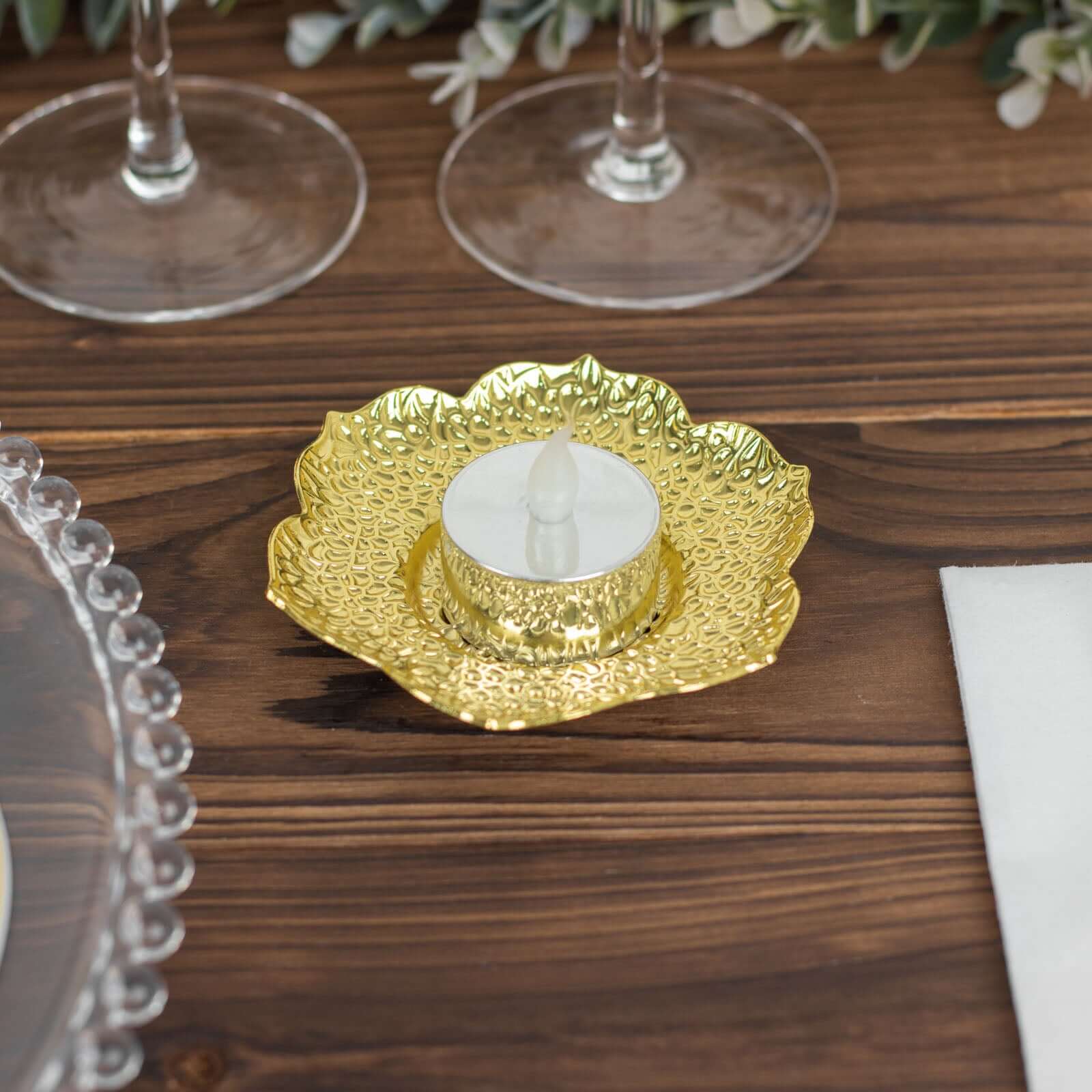 3-Pack Metal Votive Candle Holders 4" Plum Blossom Design Shiny Gold - Vintage Mini Tea Cup Saucers - Image 6