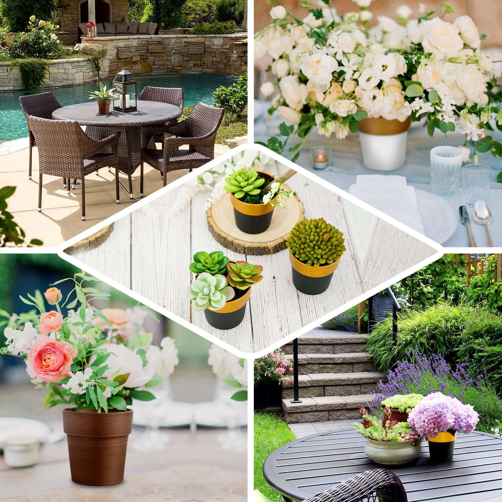 3-Pack Plastic Flower Plant Pots 3" White with Gold Rim - Indoor Decorative Planters - Image 5