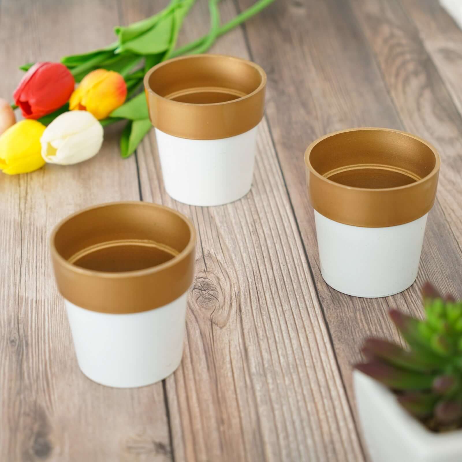 3-Pack Plastic Flower Plant Pots 3" White with Gold Rim - Indoor Decorative Planters - Image 6