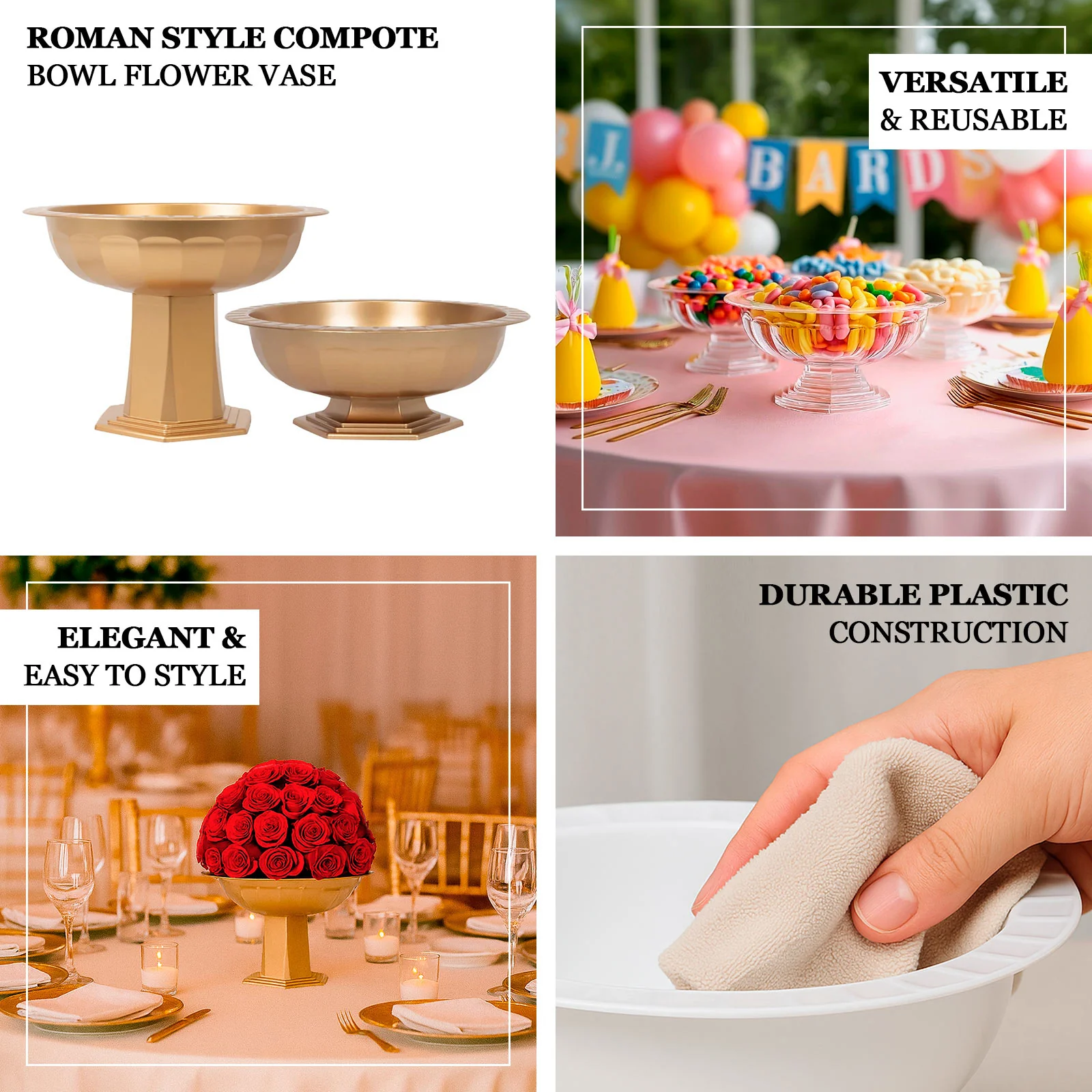 3-Pack Plastic Flower Vases Footed Compote Bowl 10" Roman Style Clear - Round Pedestal Centerpieces - Image 4