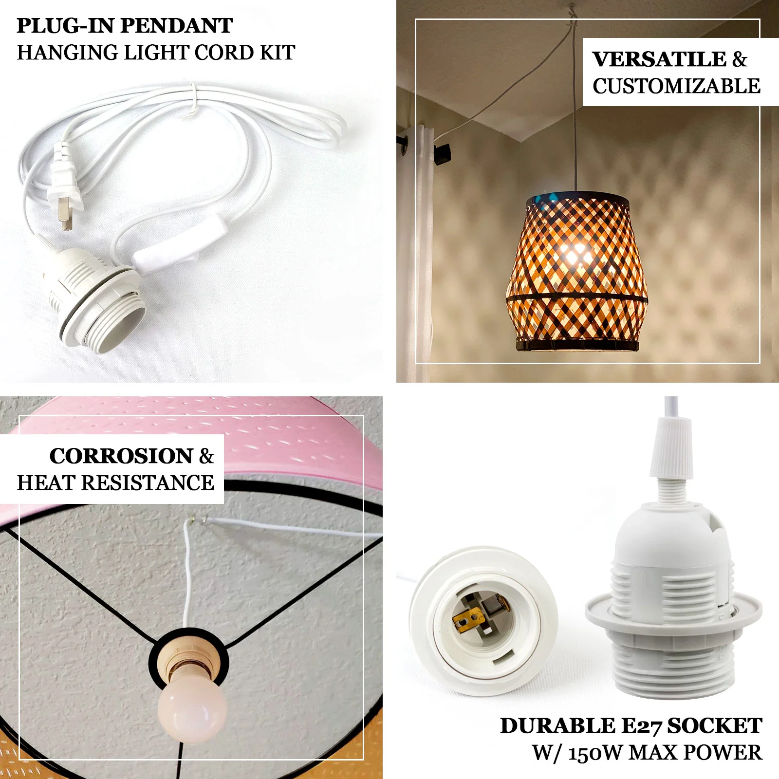 3 Pack Plug-in Pendant Light Cord Kit, E27 Hanging Lamp Socket - Image 4
