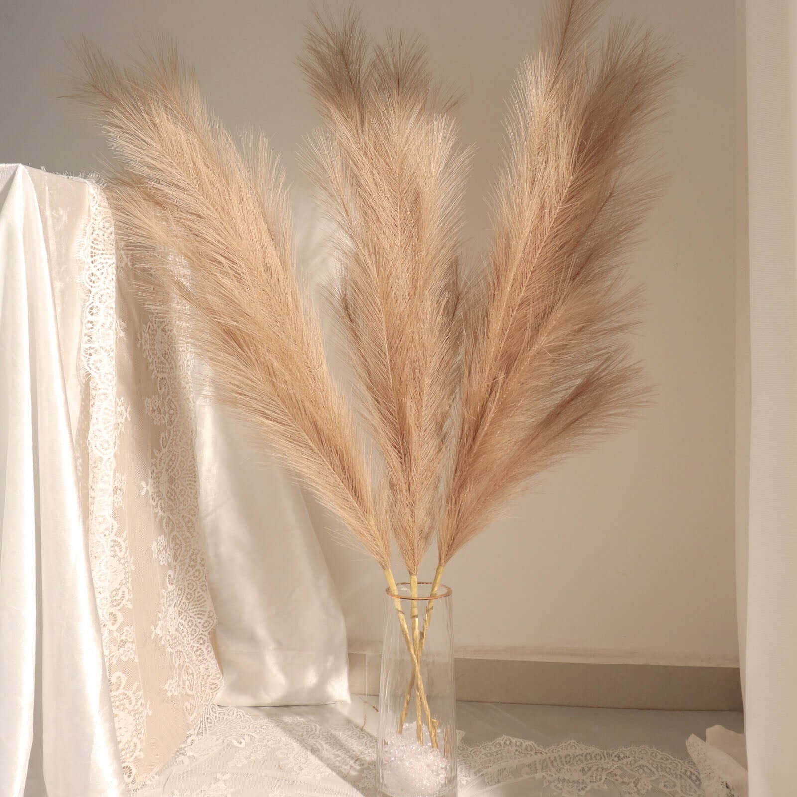 3 Stems Artificial Pampas Grass Decor 44" Taupe - Fluffy Faux Ornamental Grass Branches - Image 15