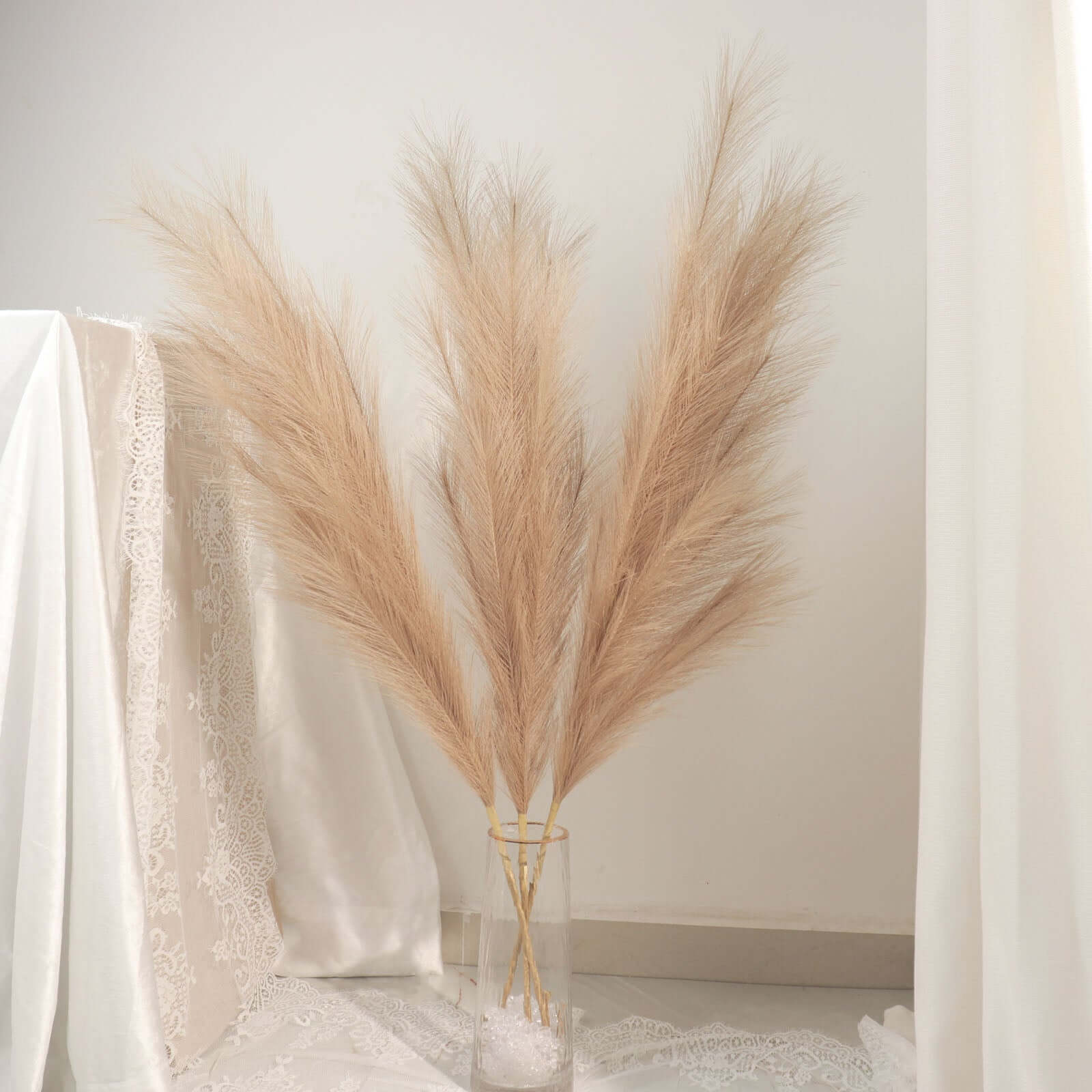 3 Stems Artificial Pampas Grass Decor 44" Taupe - Fluffy Faux Ornamental Grass Branches - Image 7