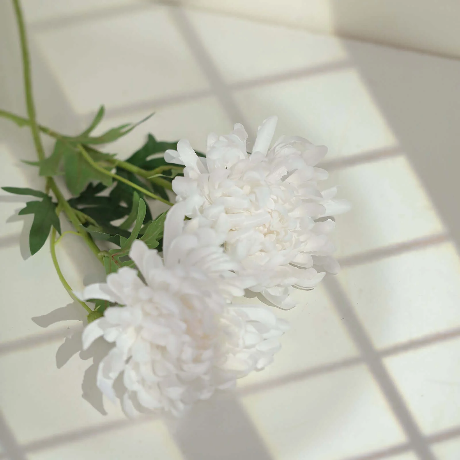 3 Stems White Artificial Silk Chrysanthemum Bouquet Flowers, Large Faux Mum Branches 27" - Image 8