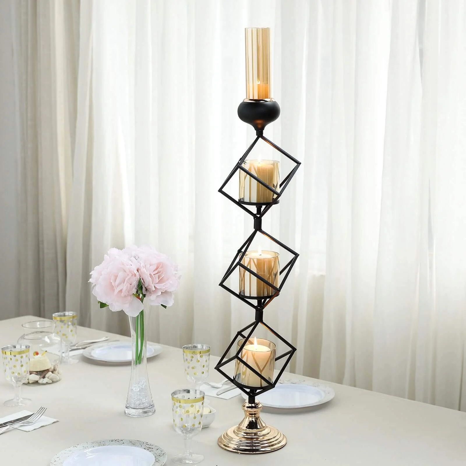 3-Tier Black Geometric Candle Holder 28" Tall with Amber Glass Votives & Gold Trim - Sleek Centerpiece Decor for Tables & Events