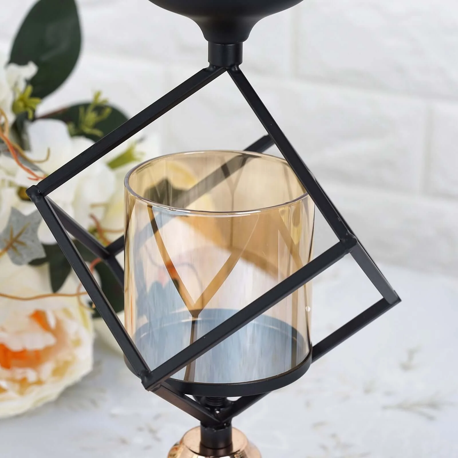 3-Tier Black Geometric Candle Holder 28" Tall with Amber Glass Votives & Gold Trim - Sleek Centerpiece Decor for Tables & Events - Image 10
