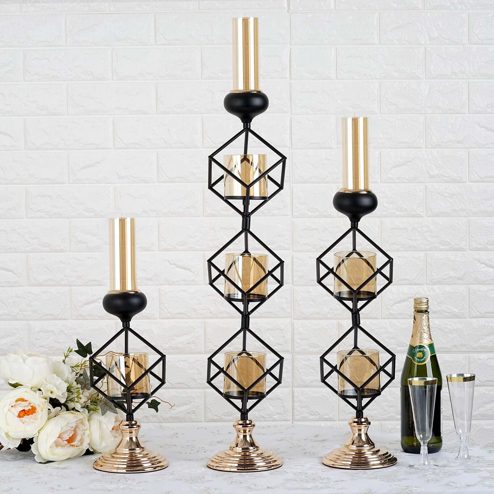 3-Tier Black Geometric Candle Holder 28" Tall with Amber Glass Votives & Gold Trim - Sleek Centerpiece Decor for Tables & Events - Image 11