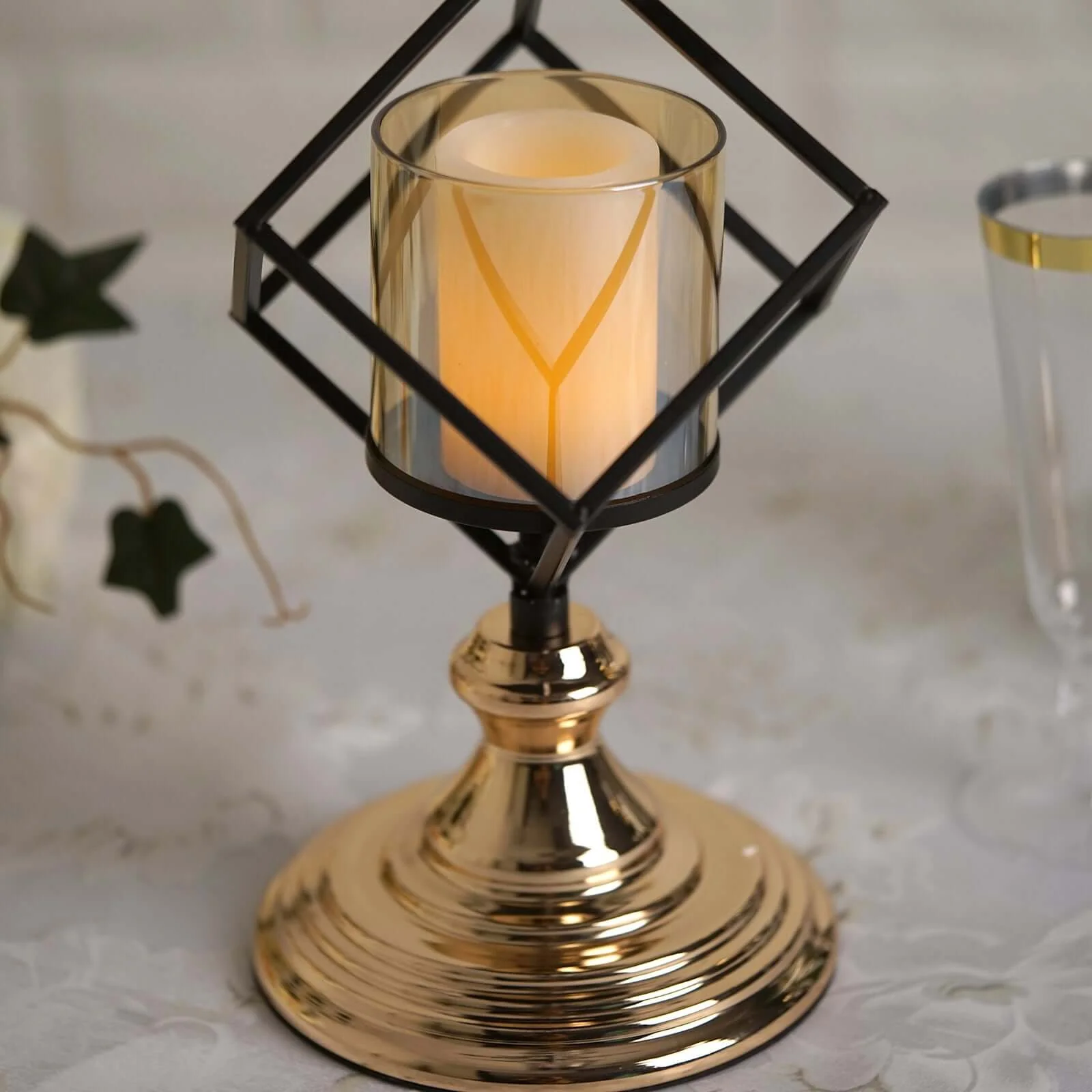 3-Tier Black Geometric Candle Holder 28" Tall with Amber Glass Votives & Gold Trim - Sleek Centerpiece Decor for Tables & Events - Image 12