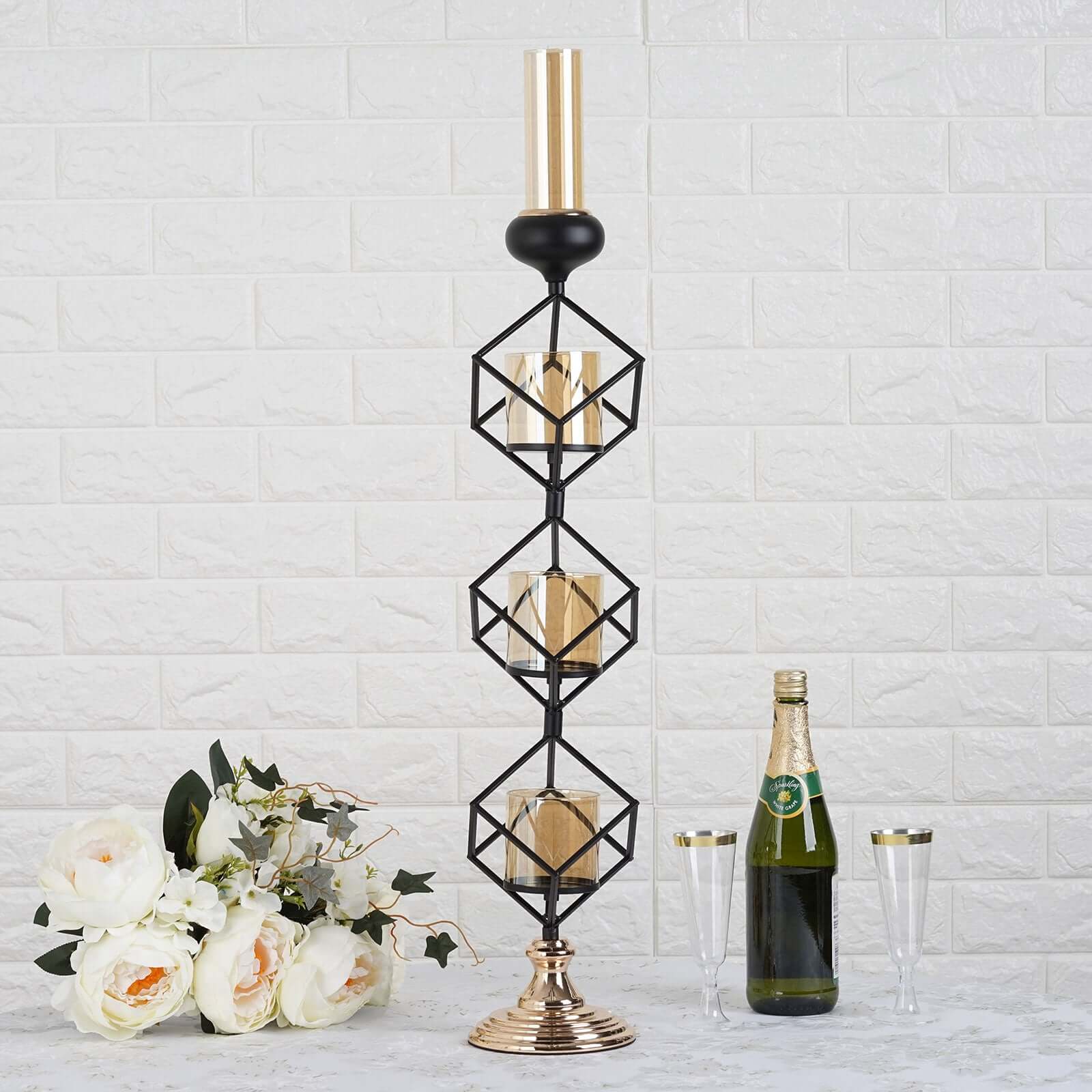 3-Tier Black Geometric Candle Holder 28" Tall with Amber Glass Votives & Gold Trim - Sleek Centerpiece Decor for Tables & Events - Image 2