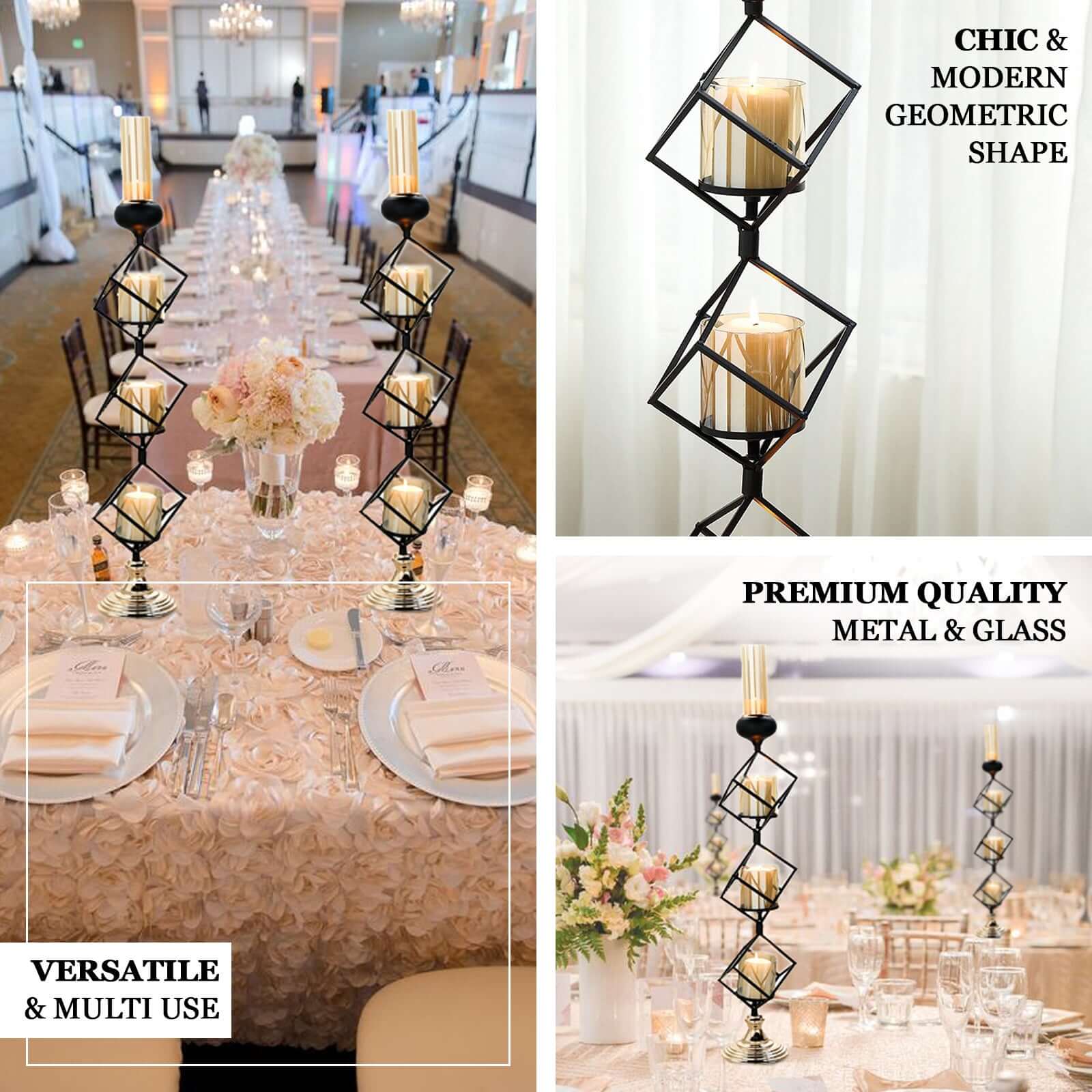3-Tier Black Geometric Candle Holder 28" Tall with Amber Glass Votives & Gold Trim - Sleek Centerpiece Decor for Tables & Events - Image 4