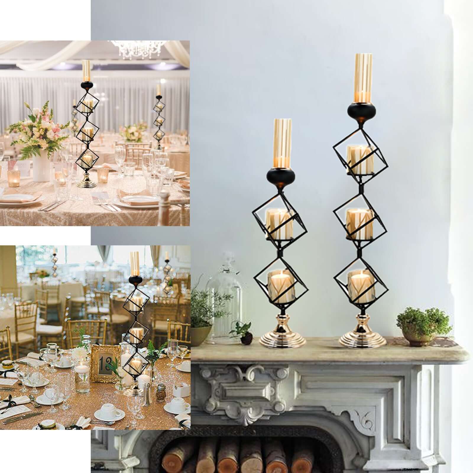 3-Tier Black Geometric Candle Holder 28" Tall with Amber Glass Votives & Gold Trim - Sleek Centerpiece Decor for Tables & Events - Image 5